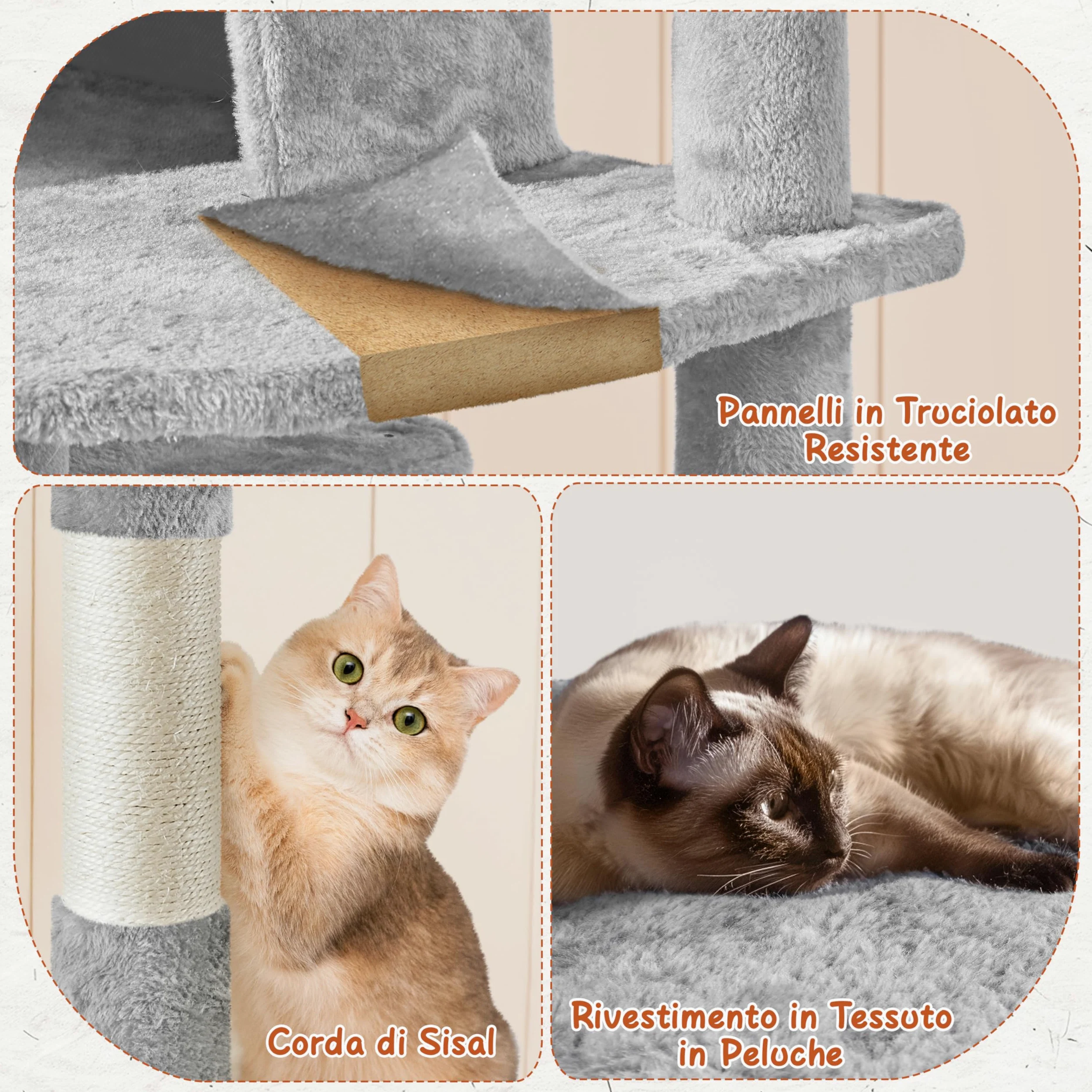 Yaheetech Albero Tiragraffi per Gatti Altezza 194 cm in Truciolato e Corda in Sisal con 3 Casette Rampa e Ceste Multilivello Grigio Chiaro