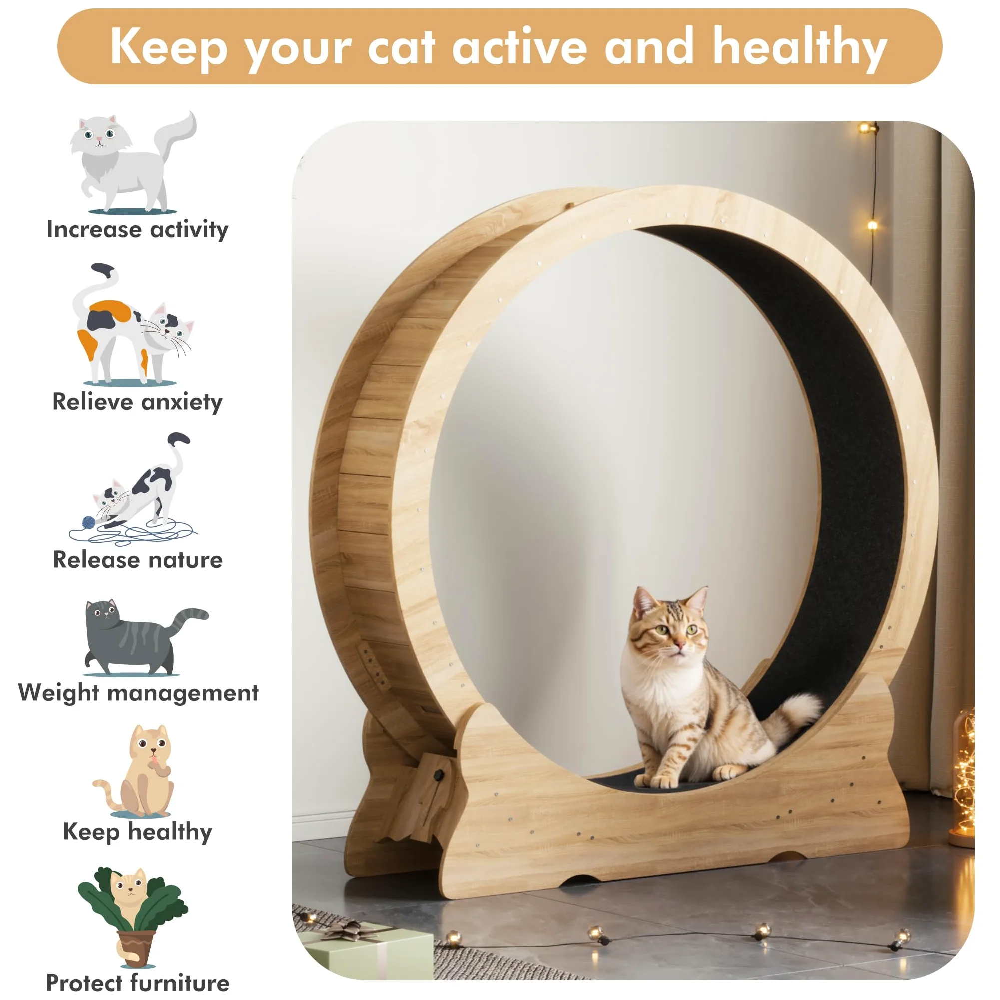 Mondeer Ruota per gatti, 110 cm, XL, tapis roulant con tappeto rimovibile e teaser per gatti, per corsa, camminata e allenamento (legno naturale)