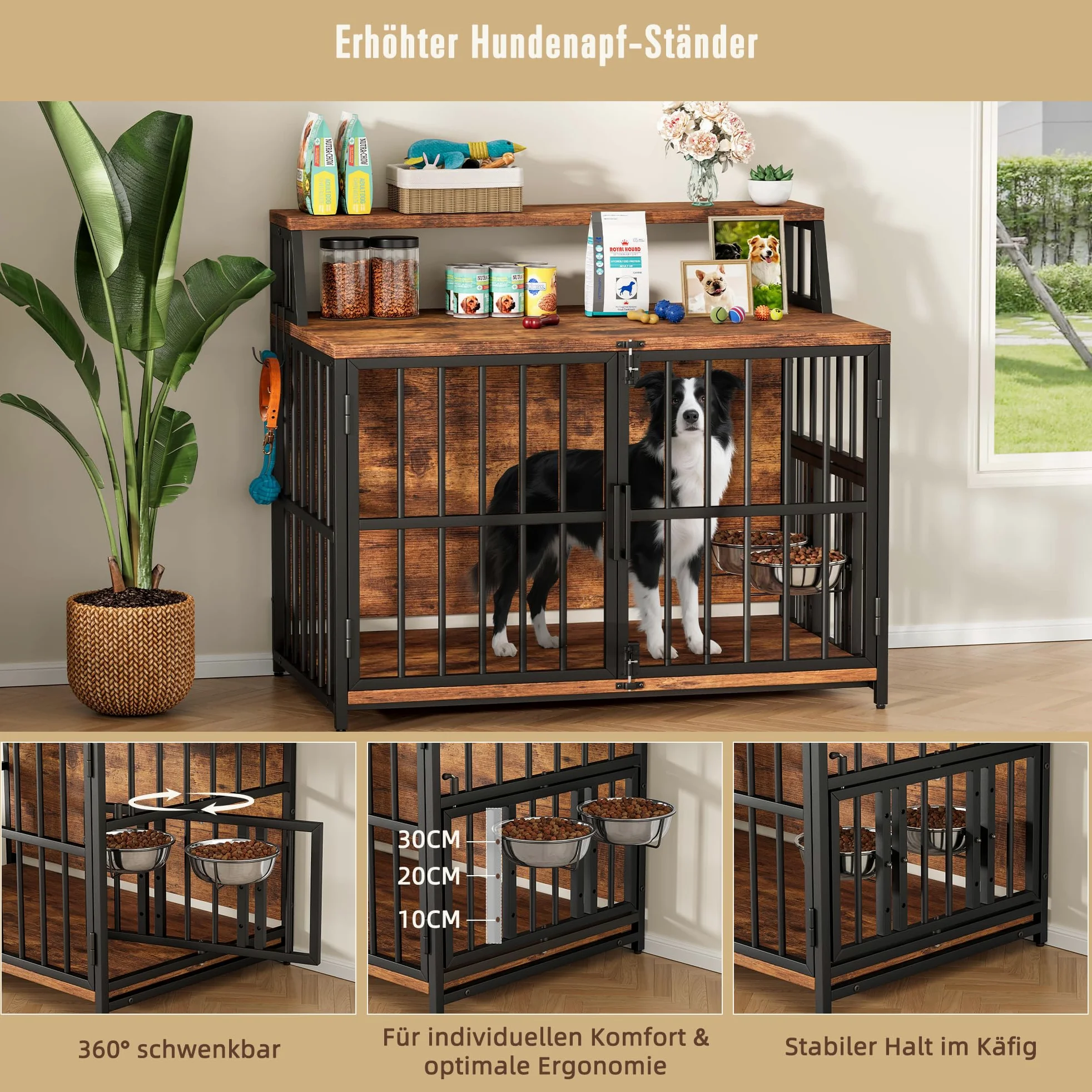 Gabbia per cani per la casa, 100 x 60 x 85 cm, gabbia per cani in legno con ciotole orientabili, cuccia in stile mobili con spazio per cani fino a 35 kg