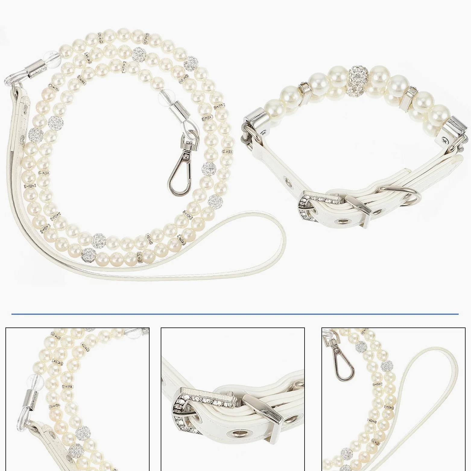 Set Collare e Guinzaglio per Cane, Regolabile, 2pezzi | Pu Leather e Faux Pearls, Bianco, per Cucciolo, Adatto a Compleanni e Matrimoni