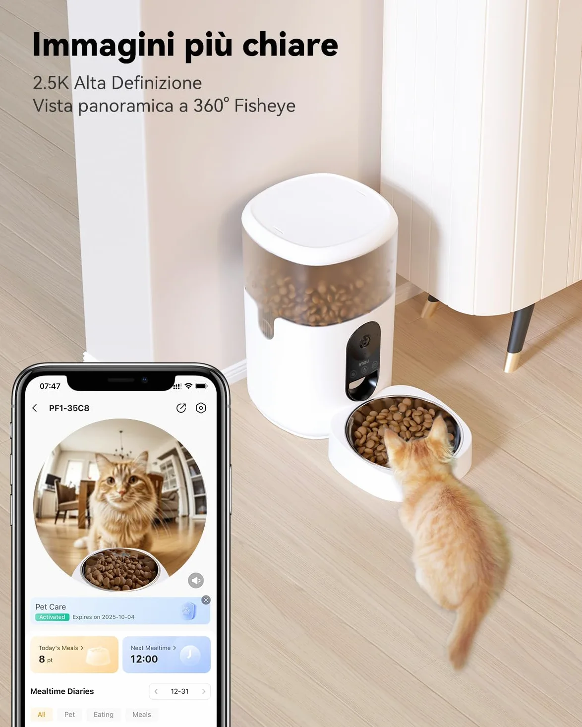 Imou 4L Distributore Automatico Cibo Gatti con 360° Telecamera, 4MP Distributore Automatico con Sensore per Cibo Basso, Tracciamento del Gatti/Cani, 2.4G WiFi, 1-15 Pasti/Giorno, Controllo APP