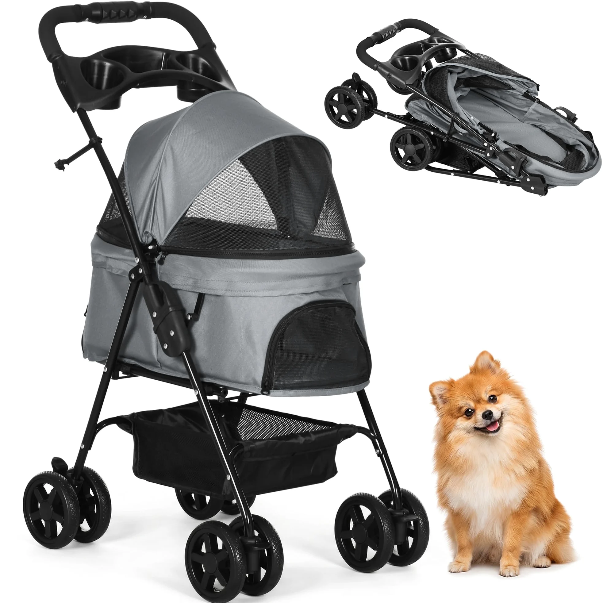 PawHut Passeggino per Cani Piccoli Pieghevole, Passeggino Leggero per Animali con Ruote Girevoli, Guinzaglio di Sicurezza e Cestino Portaoggetti, 67x45x96cm, Grigio