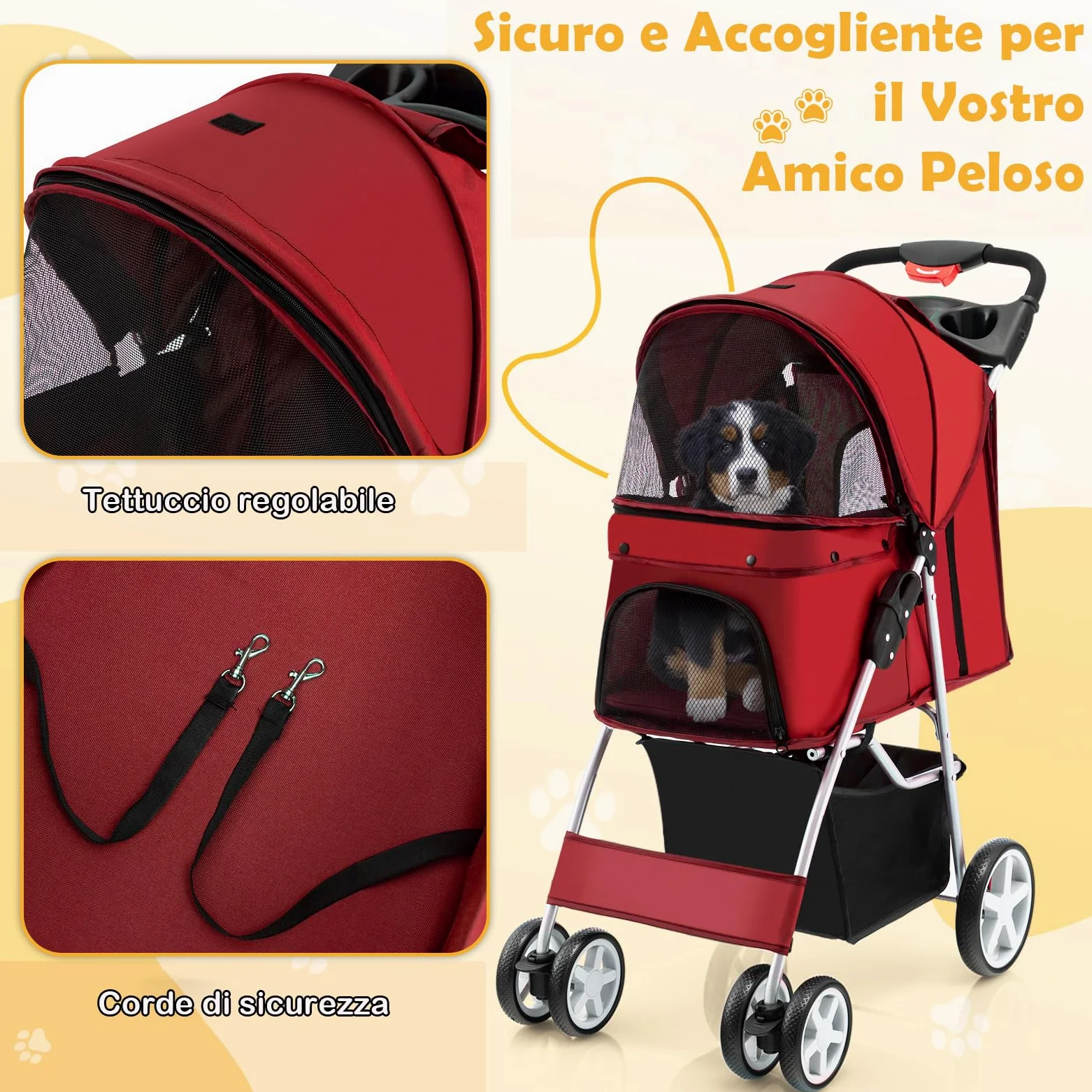 COSTWAY Passeggino per Cani, Carrozzina per Cani Pieghevole Fino a 15 kg, 4 Ruote con Finestra a Rete Porta Bicchiere e Cesto, Passeggino Portatile per Animali Piccola e Media (Rosso)