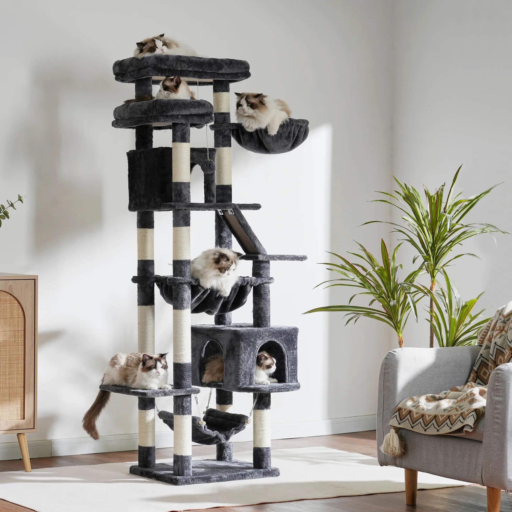 Heybly Albero Per Gatti, Torre 180 cm, 2 Piattaforme, 2 Capanne, 2 Amache, Pannello Per Sgualabocche. Grande Mobile Per Gatti Con Spazio Dormire, Grigio Fumo HCT034G