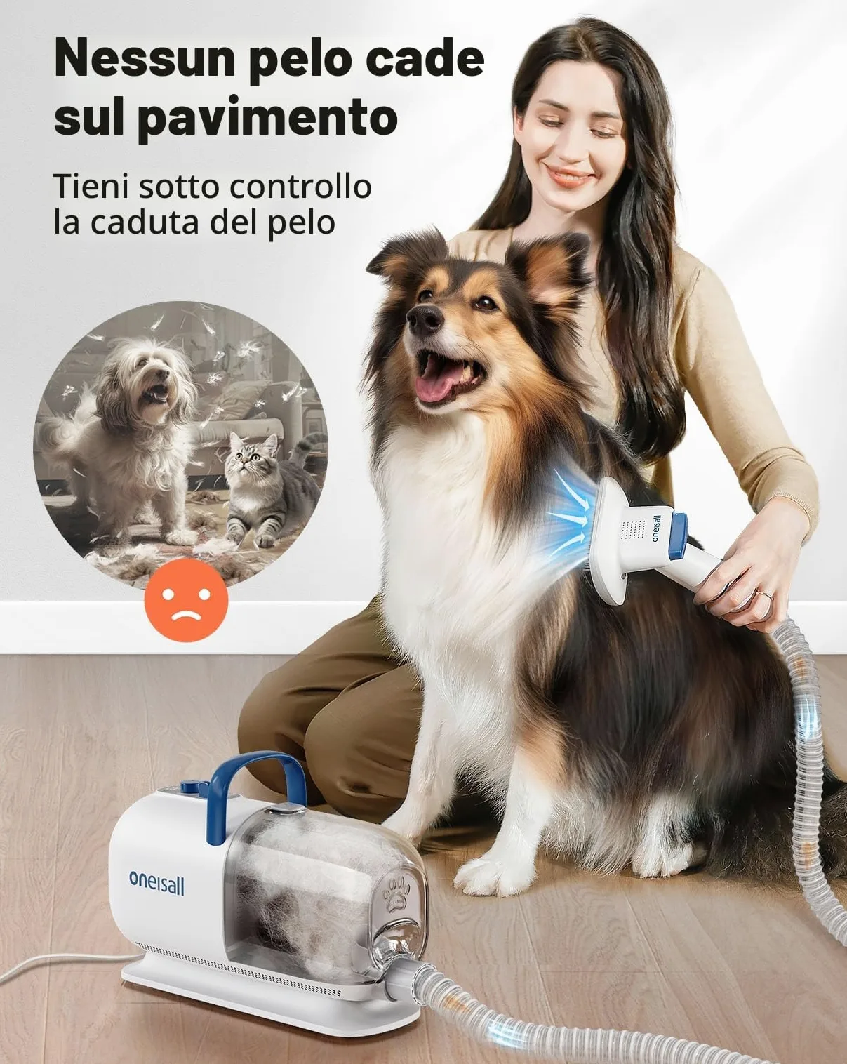 oneisall Asciugacapelli e Tagliacapelli per Toelettatura Cani, 15000 Pa, Kit per Toelettatura Cani per Toelettatura e Rifinitura, 7 Livelli di Temperatura del Soffio, Flusso d'Aria Regolabile, 2,5 L