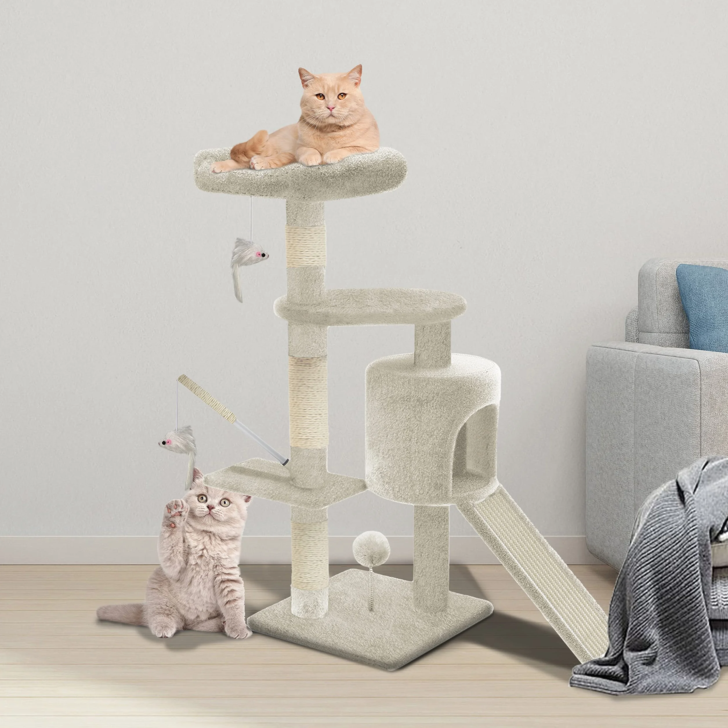 VOUNOT® Tiragraffi per Gatti, Albero Tiragraffi Gatto di Naturali Sisal con Cuccia Graffiatoio, 112cm, Beige