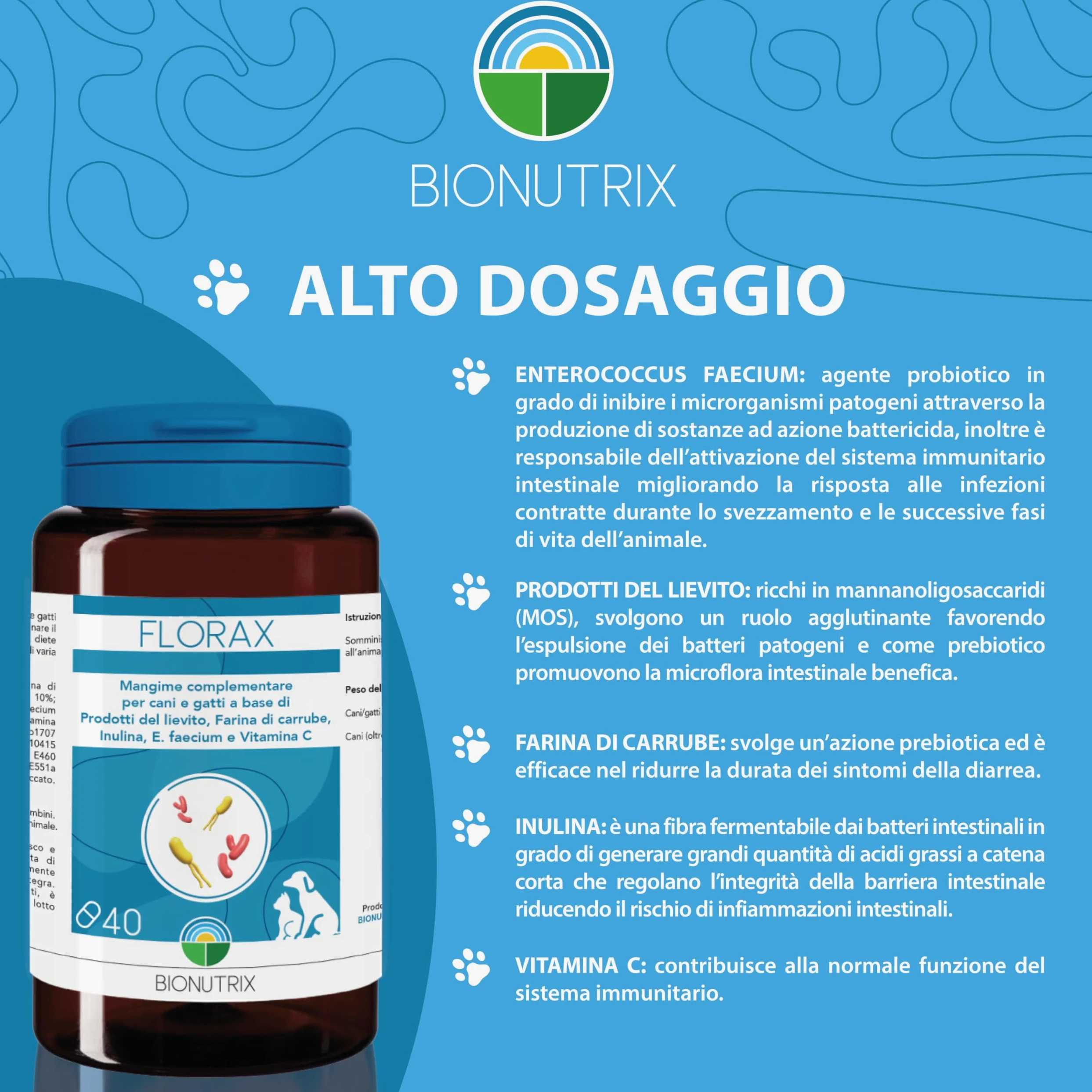 FLORAX | Probiotico per Cane e Gatto | 40 CPR Appetibili | Alto Dosaggio | Integratore Alimentare | Ripristino Flora Intestinale | MOS, E.faecium, Farina di Carrube, Inulina e Vitamina C | BioNutrix ®