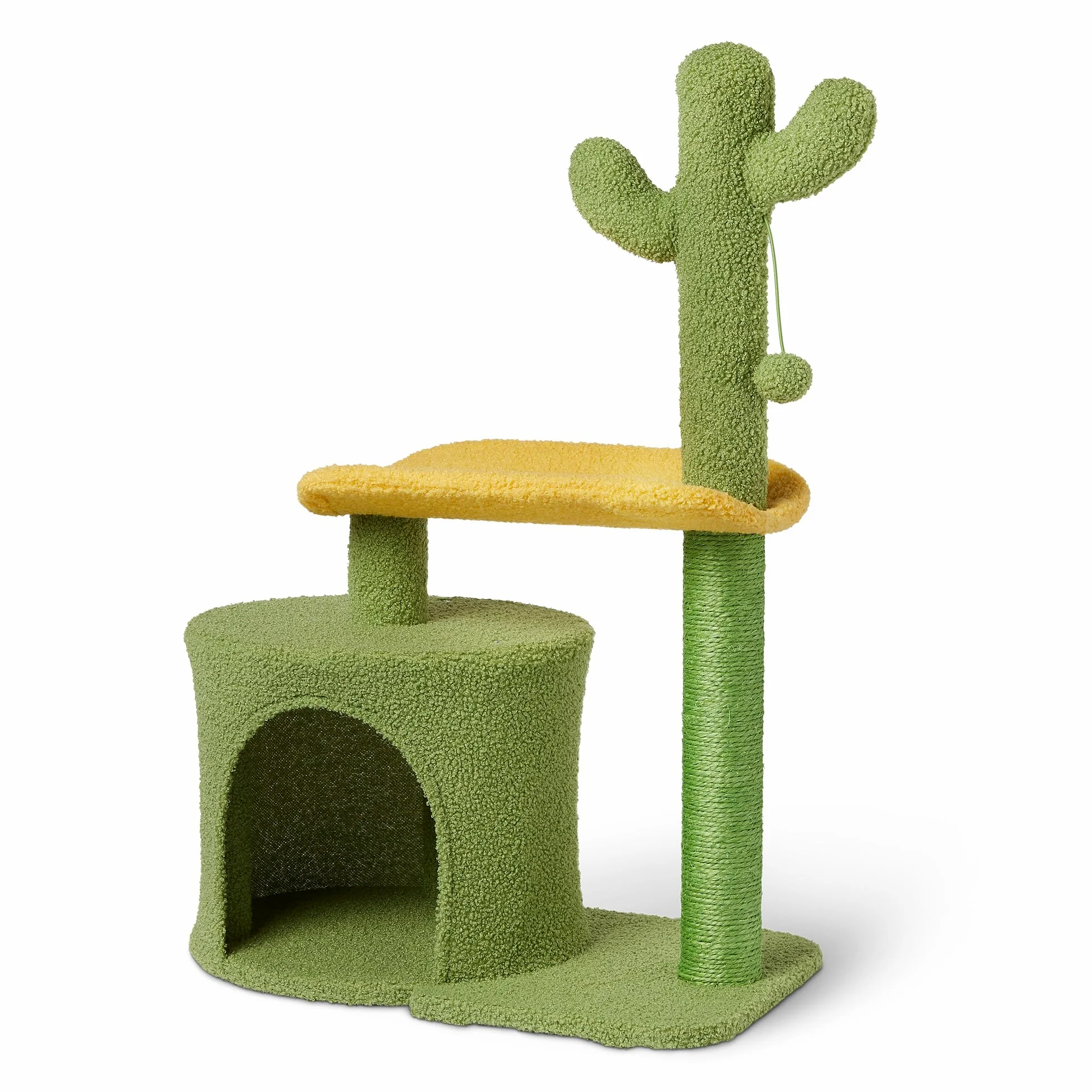 Amazon Basics - Albero Tiragraffi per Gatti e Gattini da Interni a Forma di Cactus,Colonna Tiragraffi con Piattaforma Curva e Accogliente Condominio, Pallina Oscillante Interattiva,Altezza 78cm,Verde