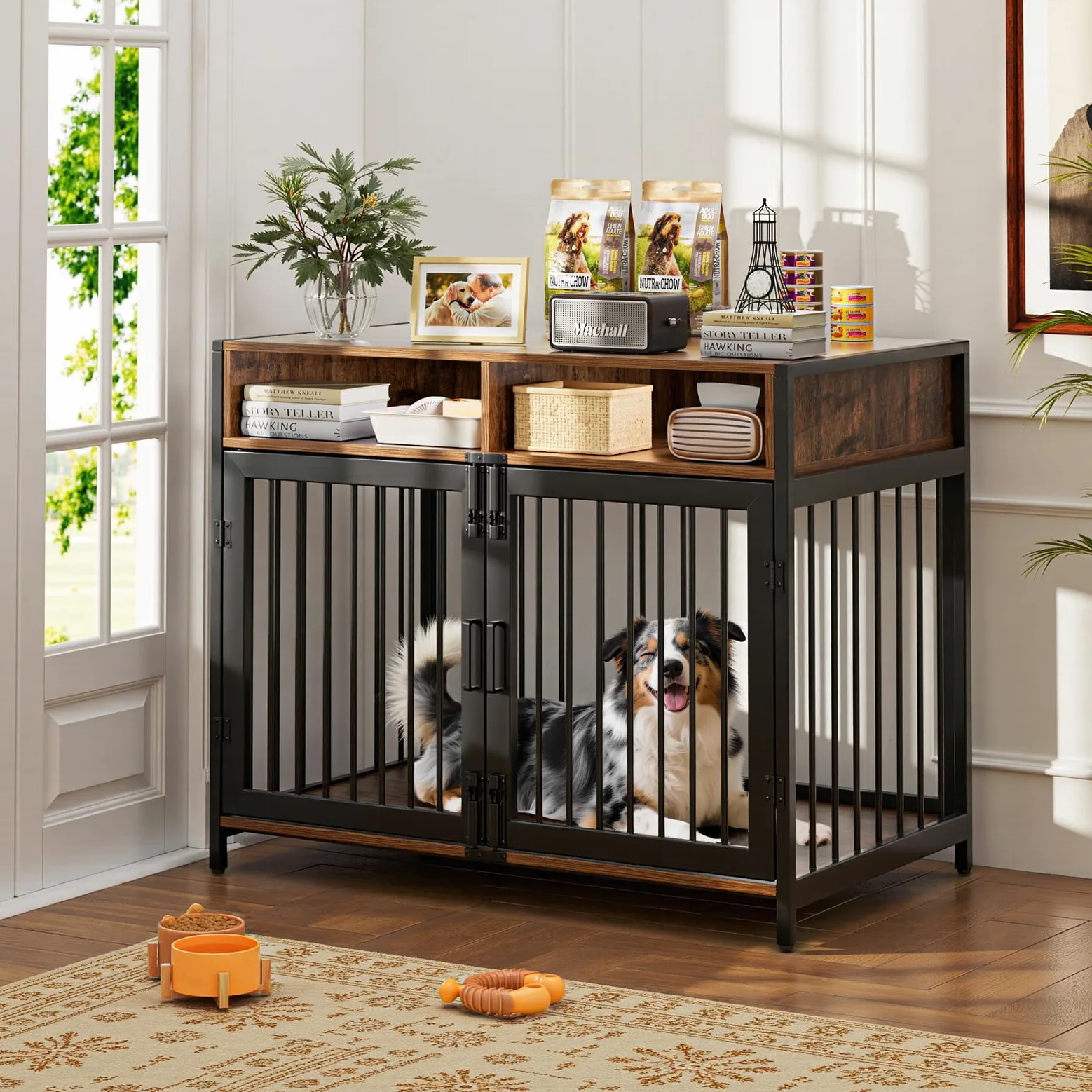 Gimars Mobile per Cani con Cassetti, Gabbia Decorativa per Interni, per Cani di Taglia Piccola, Media e Grande, 94 x 58 x 63 cm, Colore Marrone Rustico