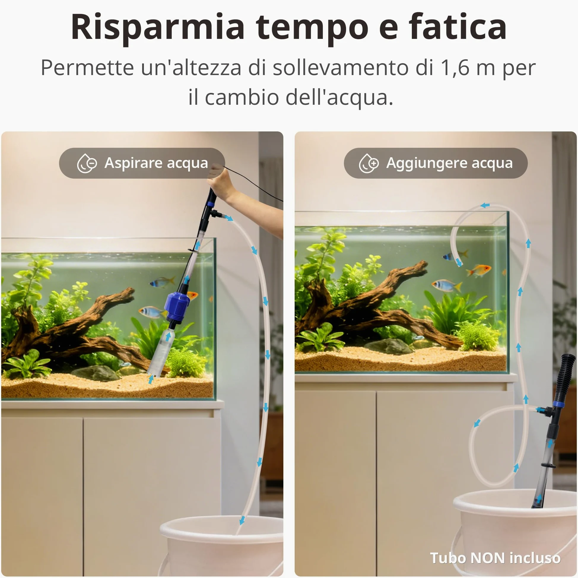NICREW 3 in 1 Pulizia Acquario Multifunzionale, Sifone per Ghiaia con Filtro in Spugna, Aspirapolvere per Acquario Medio e Grande, 800 L/H, 16 W