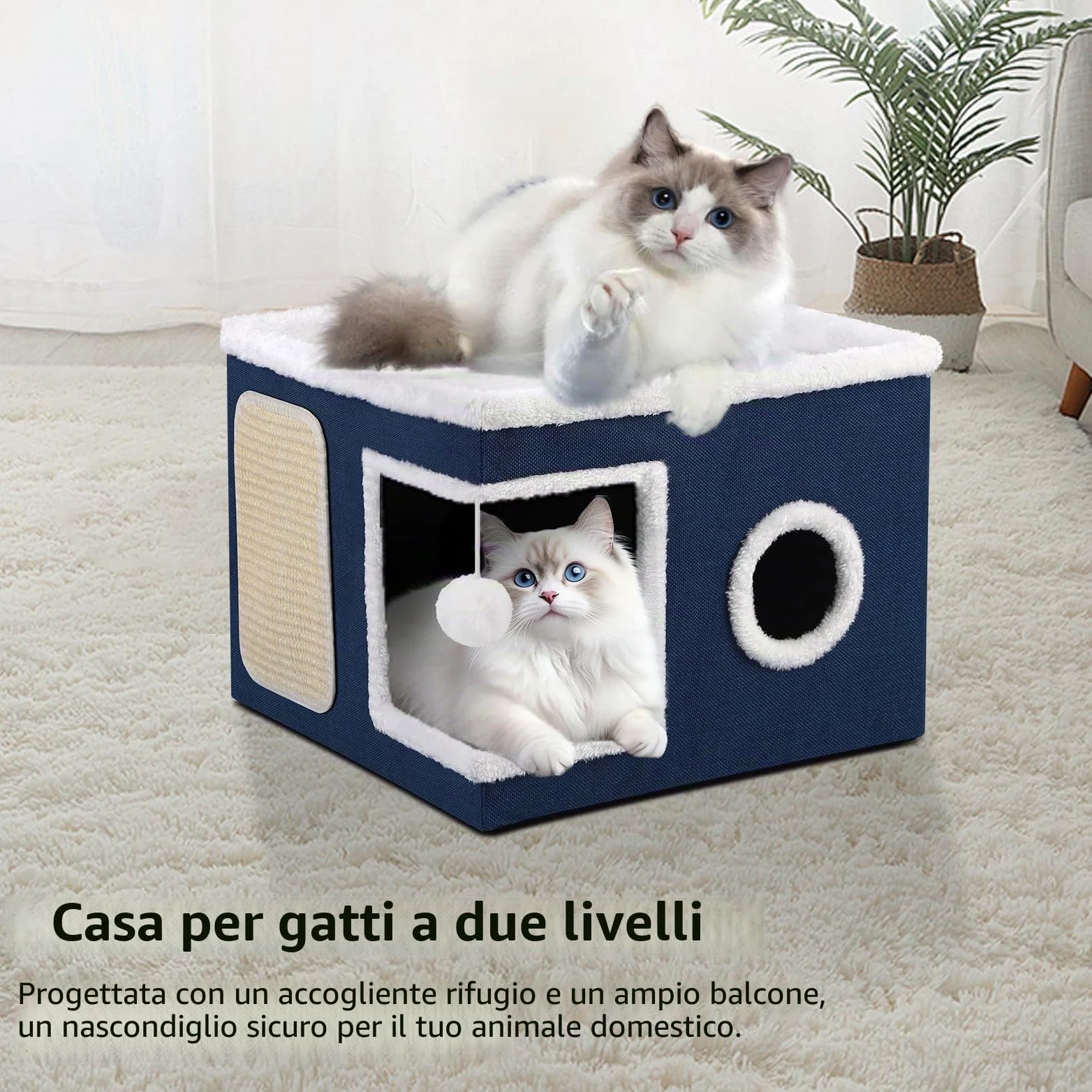 Cuccia per gatti pieghevole per Gatti indoor, 43*43*32 cm, grande cuccia per gatti con accogliente cuccia, palla sospesa, finestra rotonda, cubo per gatto a 2 strati con morbidi cuscini bifacciali,Blu