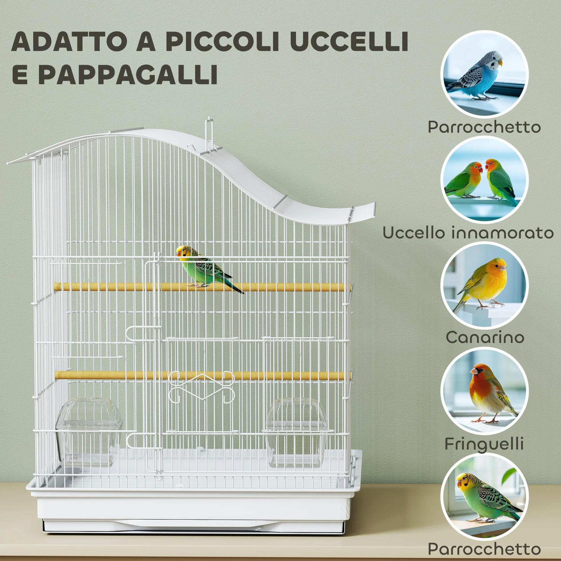 PawHut Gabbietta per Uccelli a 4 Ingressi con 2 Ciotole, 2 Posatoi e Vassoio Estraibile, Voliera in Metallo e Plastica, 47.5x36x54.5 cm, Bianco