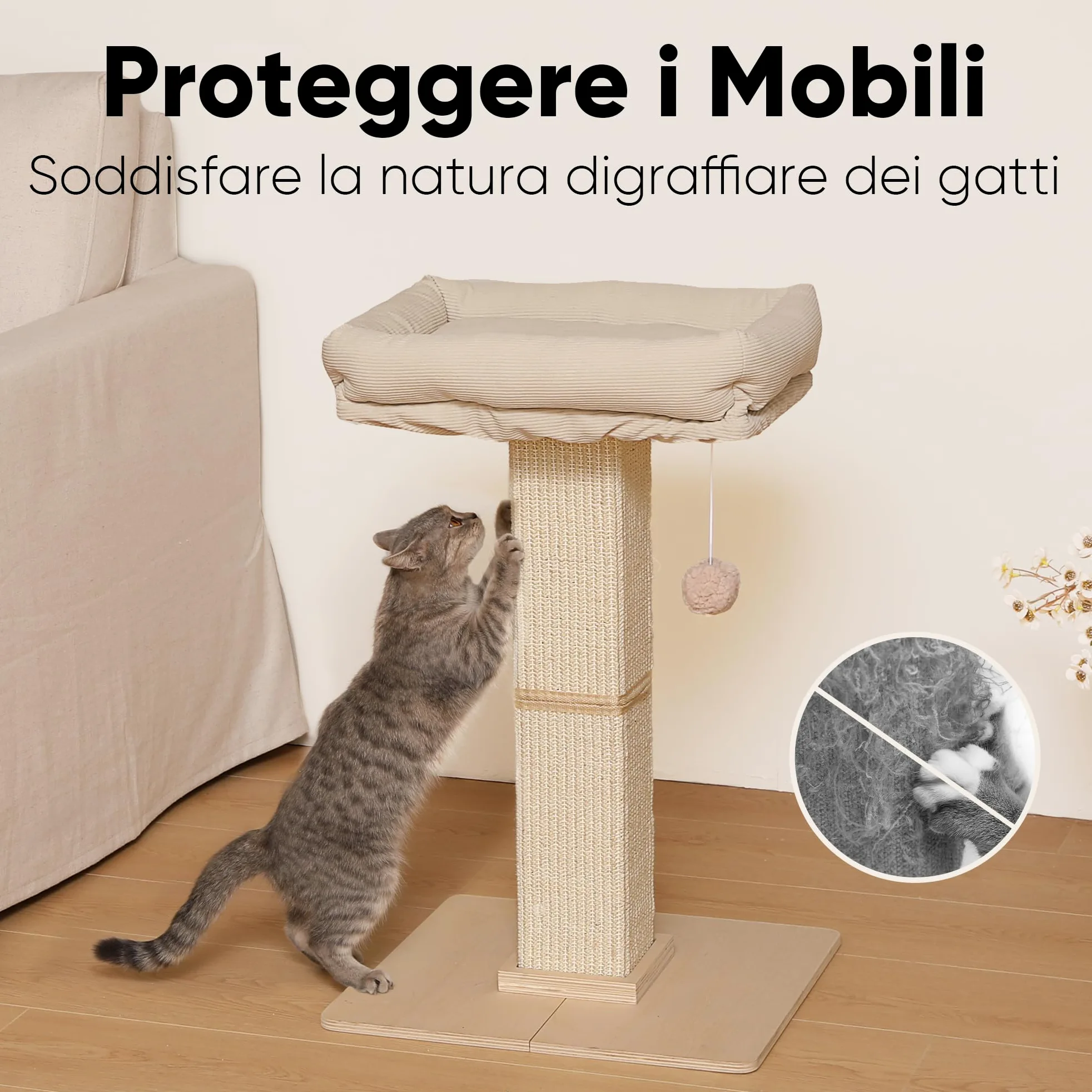 FUKUMARU Tiragraffi per Gatti, Moderno Palo Tiragraffi Alto con Cuccia per Gatti Adulti da Interno, Grande Albero Graffi con Cuccia, Struttura in Legno Massello e Sisal Naturale
