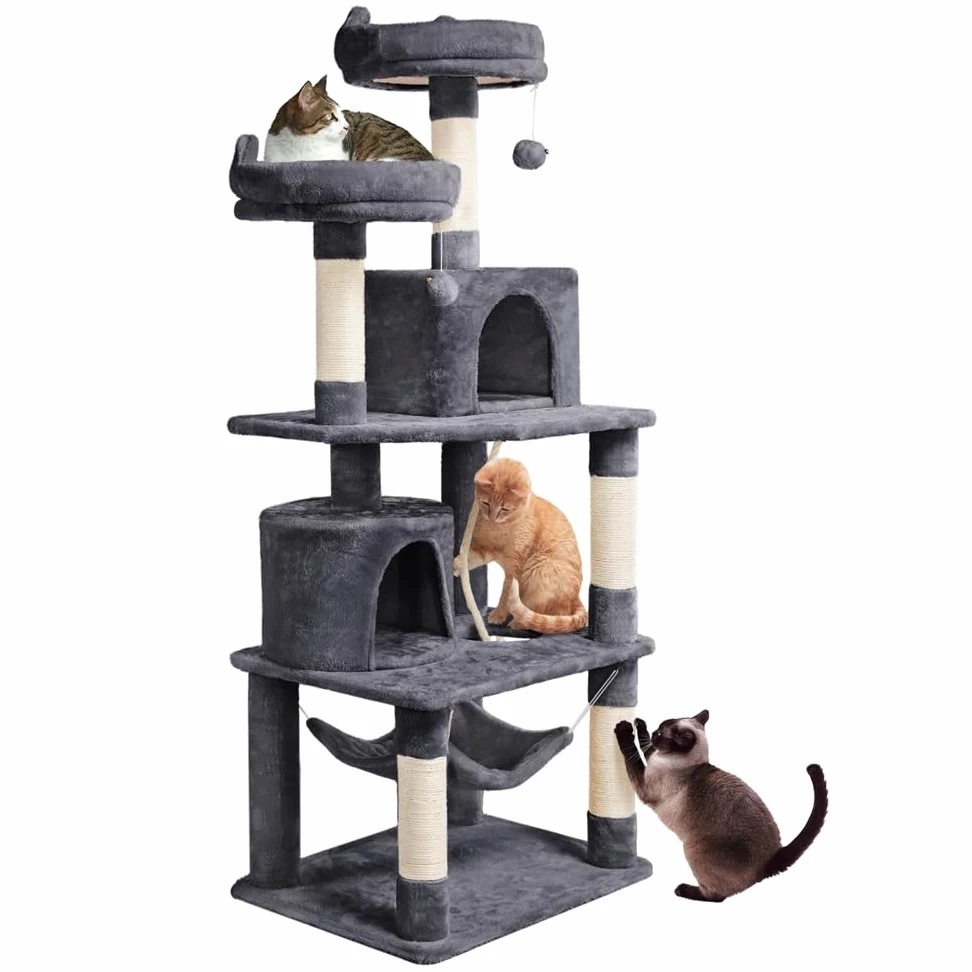 Yaheetech Albero Tiragraffi per Gatti Adulti Grandi Medi con Giocattolo Gioco Palle in Corda Sisal Naturale 61 x 49 x 158 cm Grigio Scuro