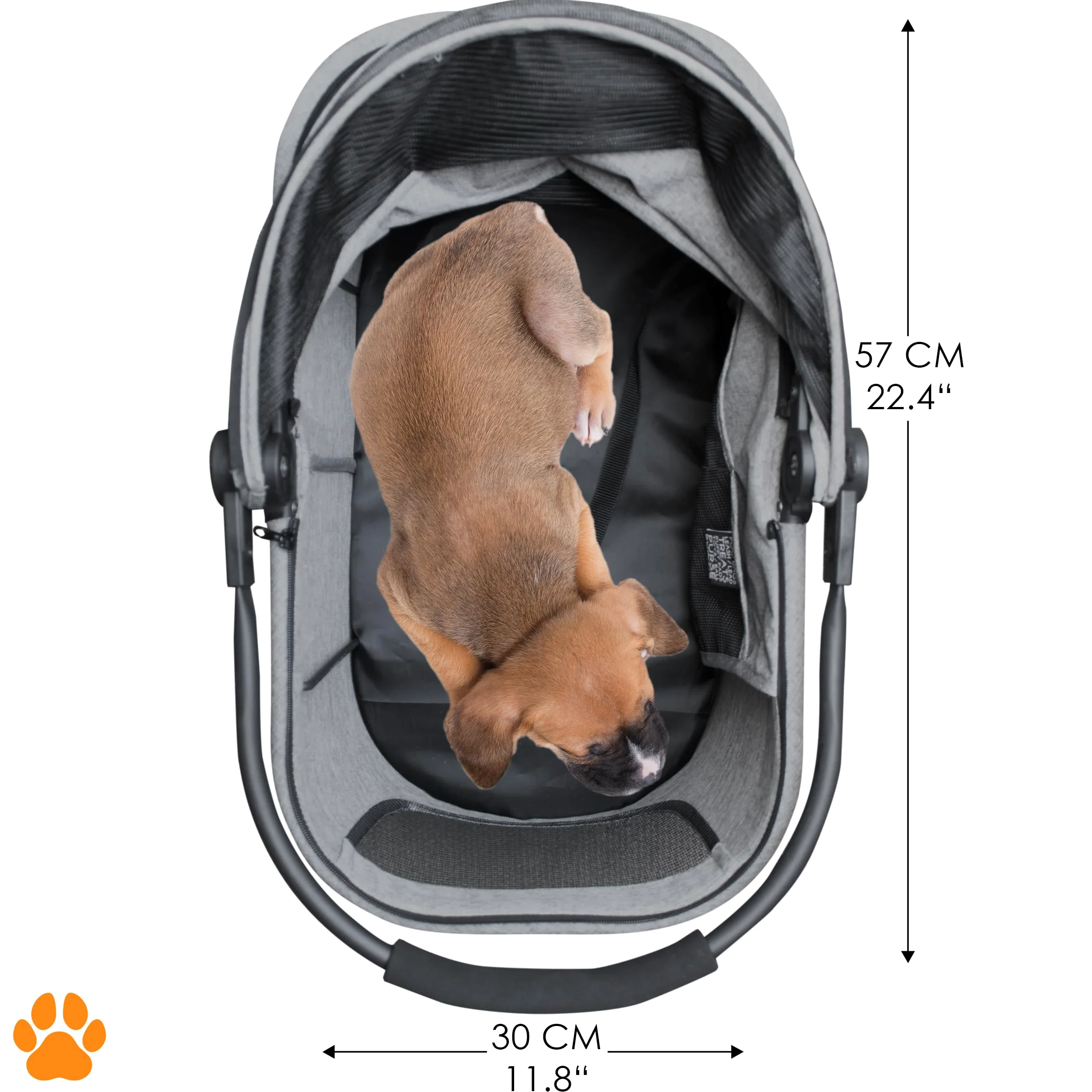 Mod. CECE 2 in 1 - Passeggino per animali, con cestino per spesa o accessori, pieghevole con una mano, utilizzabile col telaio della carrozzina o staccabile come trasportino, grigio melange
