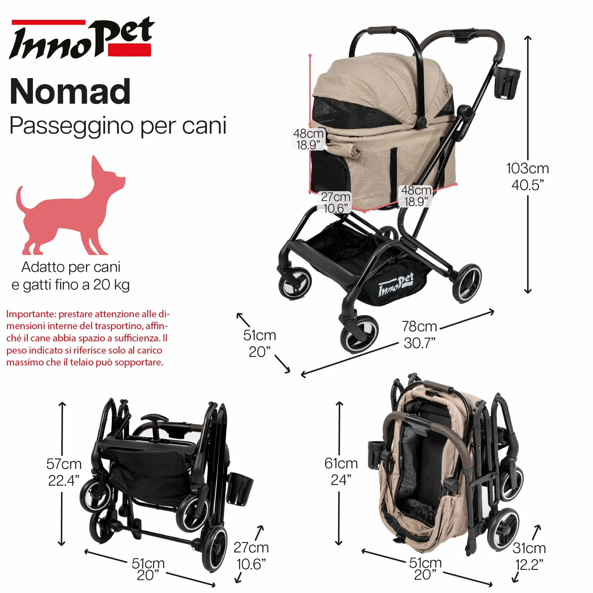 Passeggino compatto per animali Innopet Nomad - Passeggino pieghevole e leggero per cani e gatti fino a 20 kg - Trasportino per animali, seggiolino auto e passeggino 3in1