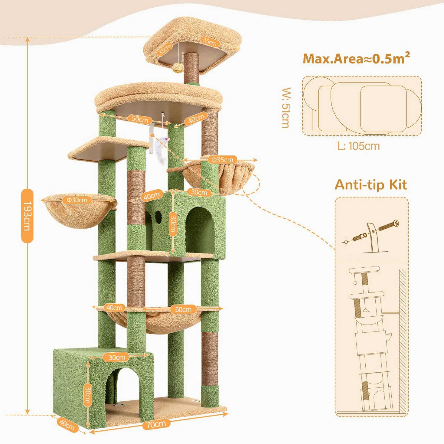 Globlazer Albero Tiragraffi per Gatti XXL 194 cm con 2 Grande Grotte, Immenso Amaca 50 * 40CM, Piattaforma Imbottiti, 2 Cestini, Trespoli, Enorme Cactus Tiragraffi per 3-5 Gatti Adulti (S76B, Verde)