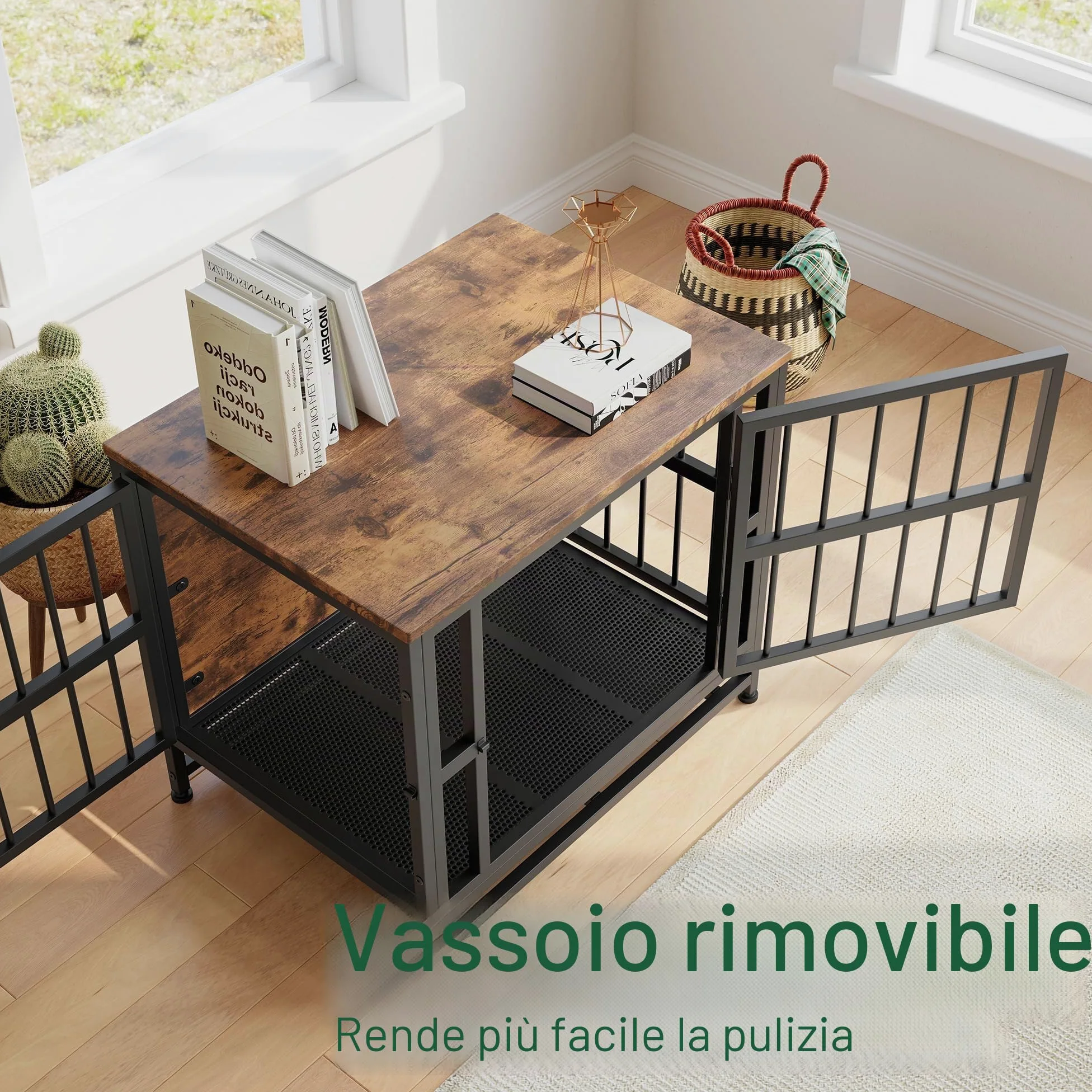 Gabbia per cani in legno robusto con 2 porte, vassoio rimovibile, tavolino resistente alla masticazione, marrone rustico 70 cm