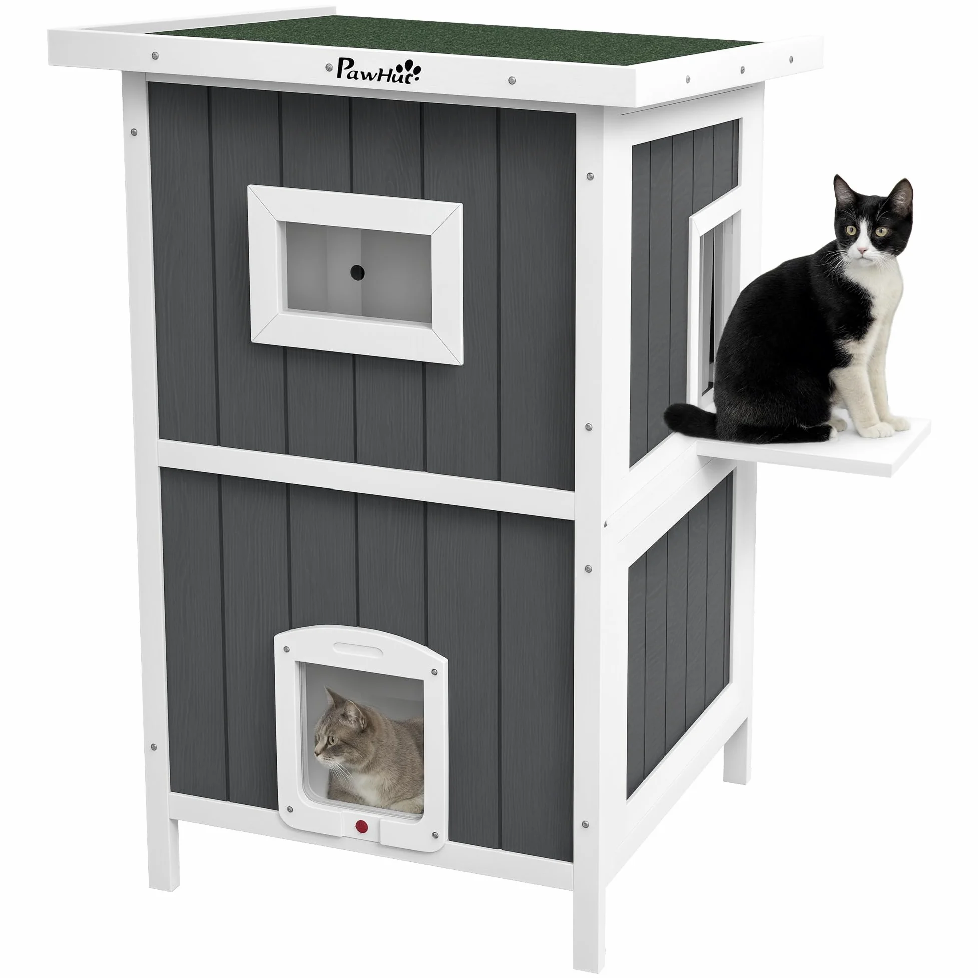 PawHut Cuccia Gatto Esterno in Legno di Abete a 2 Piani, Casetta per Gatti da Esterno con Tetto Apribile e Impermeabile, 60x60x90.5cm