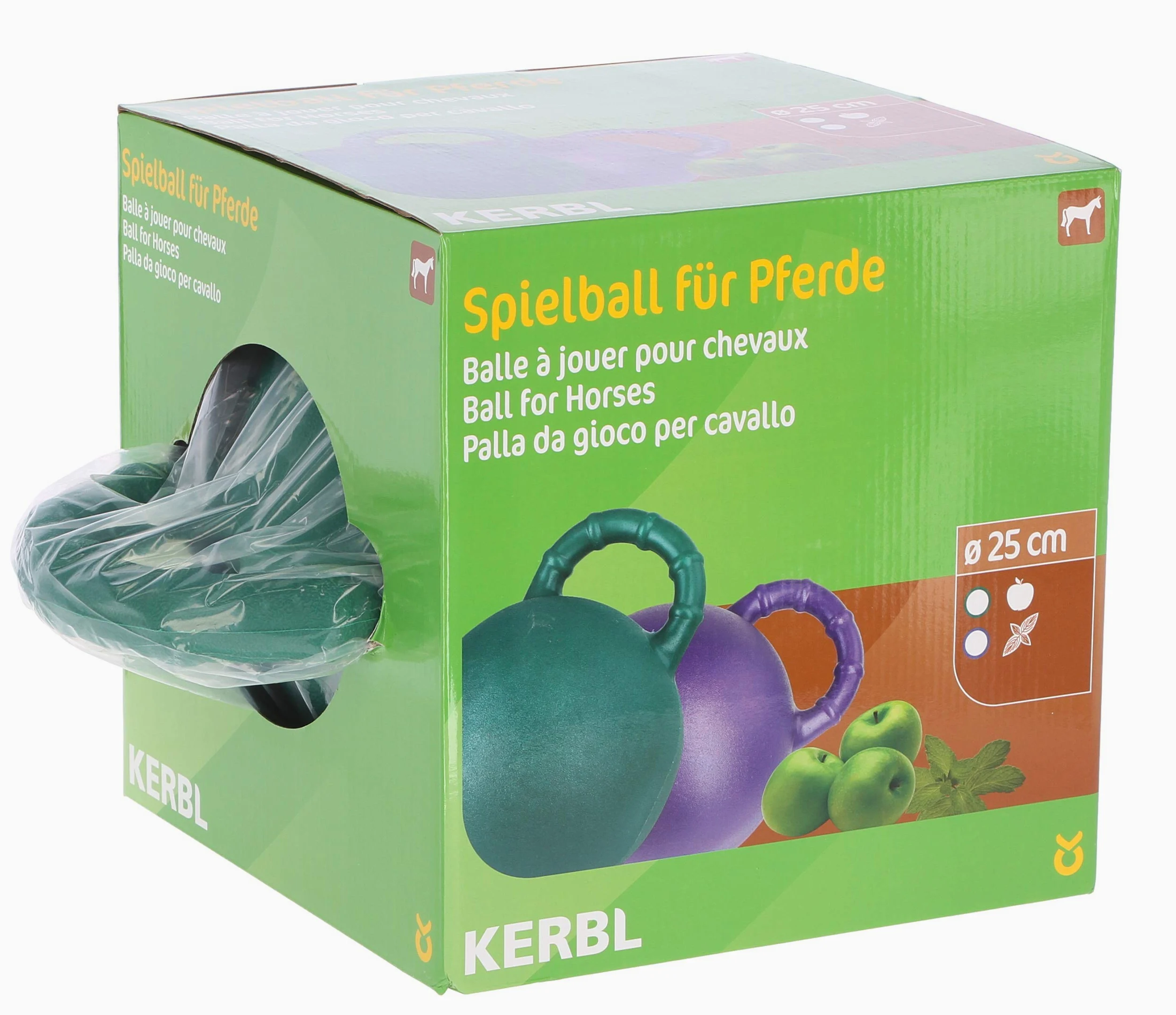 Kerbl Palla da gioco per cavalli, gusto mela, verde, 25 cm, cavallo, resistente ai morsi, con valvola speciale