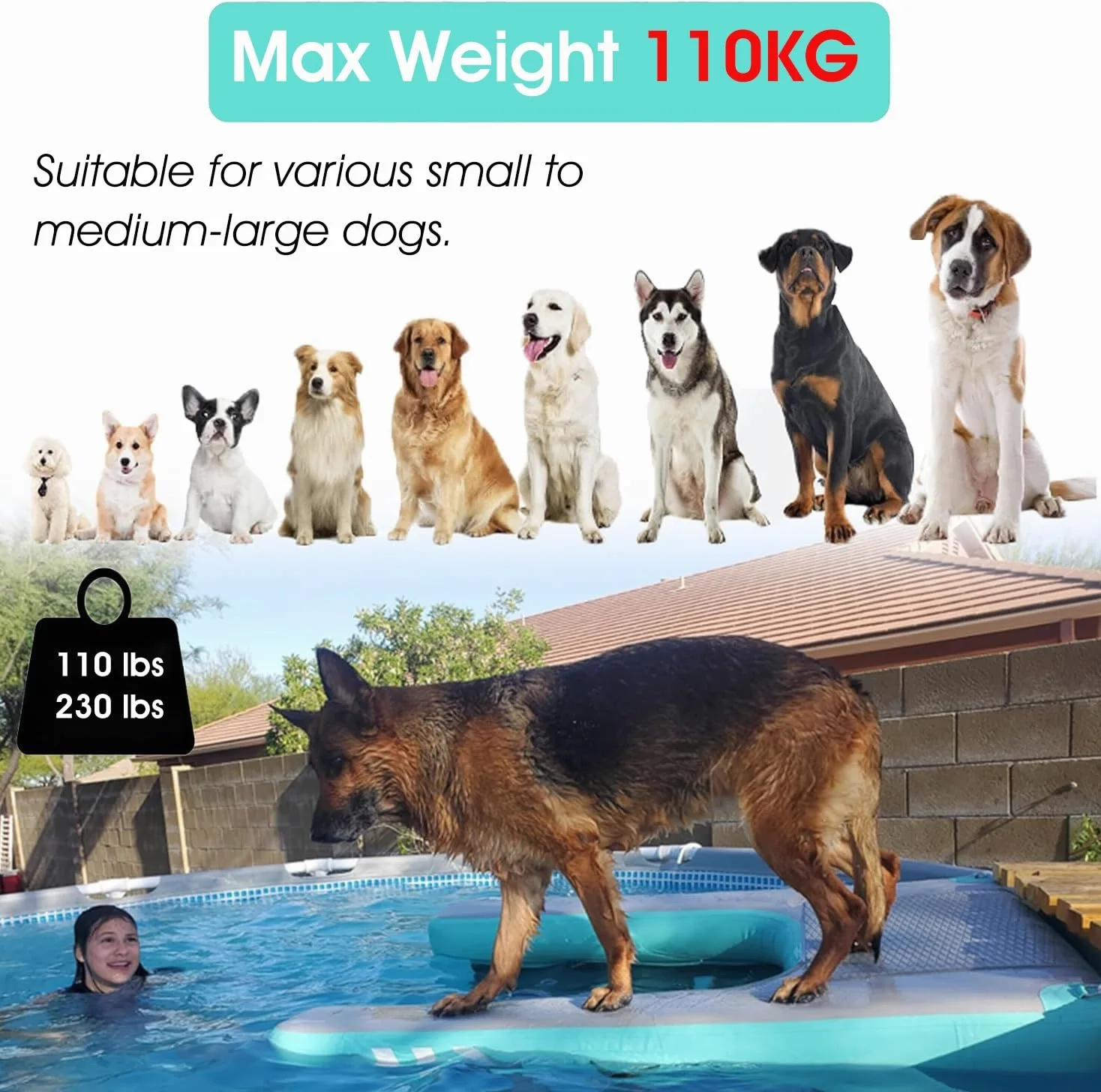 Rampa galleggiante per cani, piattaforma gonfiabile per animali domestici, con gradini antiscivolo, scala per acqua per piscina e barca