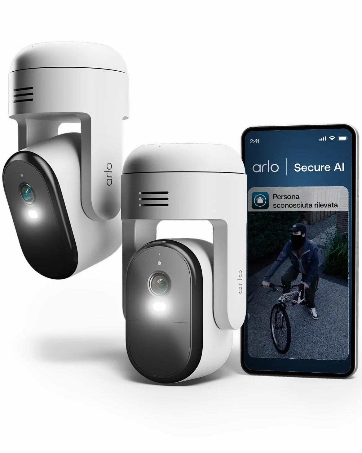 Arlo Essential 3 Telecamera HD 360º Pan-Tilt-Zoom WiFi Esterno Senza Fili, Sirena Allarme Casa, Sensore Di Movimento, Visione Notturna A Colori, Prova Inclusa Secure, 2 Telecamere, Bianche