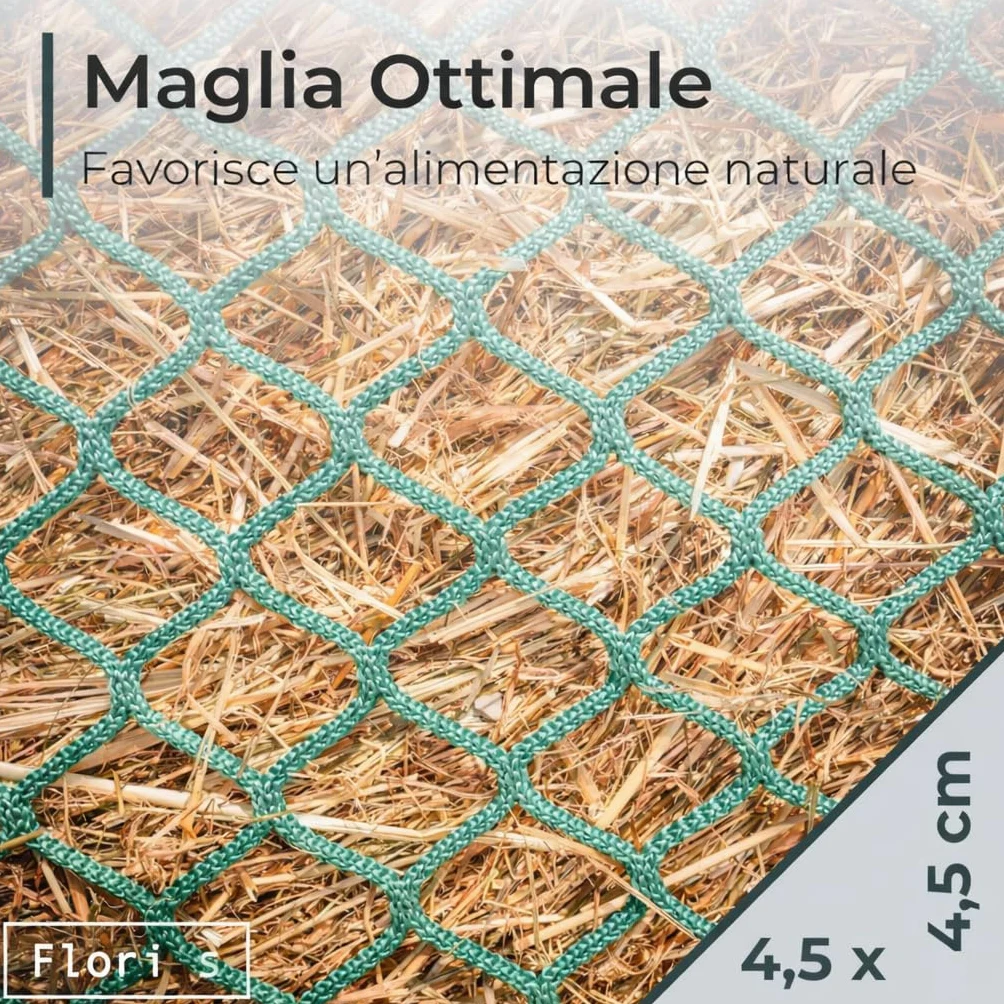 Flori's® Rete da Fieno per Balle Tonde – Ø 150 cm, Altezza 150 cm – Maglia 4,5 x 4,5 cm – Rete da Fieno Stabile per Cavalli per un'alimentazione Naturale - Rete per Balle Tonde per Fieno, Rete da