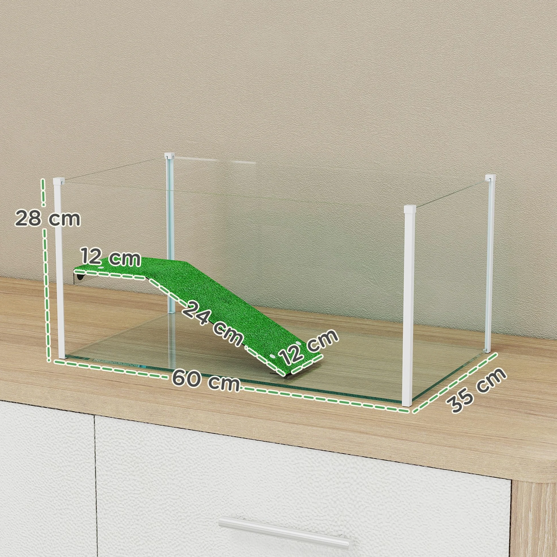 PawHut Acquario per tartarughe, terrario per tartarughe con piattaforma e rampa con superficie in erba artificiale, vista panoramica a 360°, per piccoli pesci, gamberetti, 60x35x28 cm, bianco