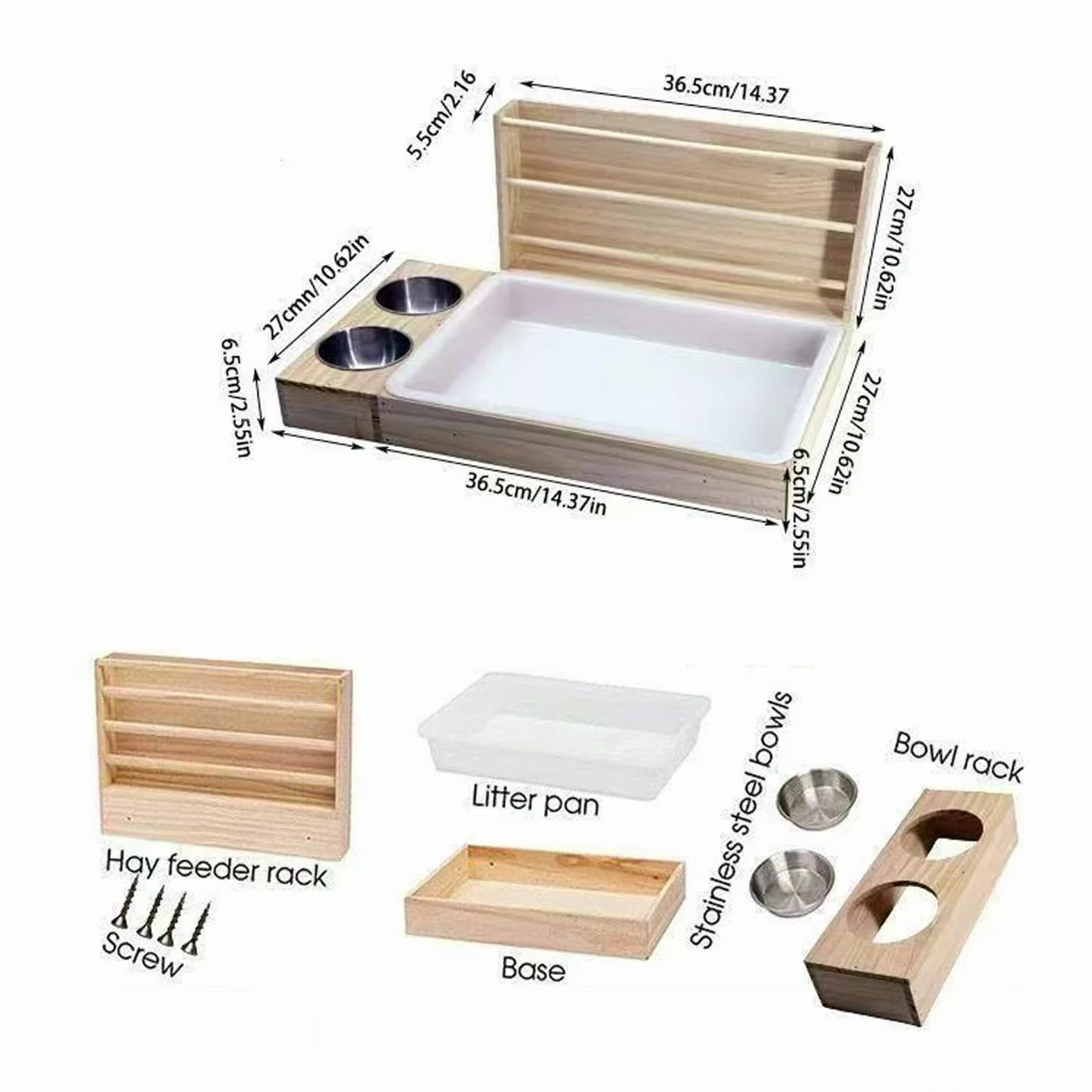 Luqeeg Mangiatoia per Fieno in Legno per Conigli, 3 in 1 Mangiatoia per Fieno per Animali Porta Cibo per Erba con Lettiera e 2 Ciotole per Porcellini D'india, Cincillà