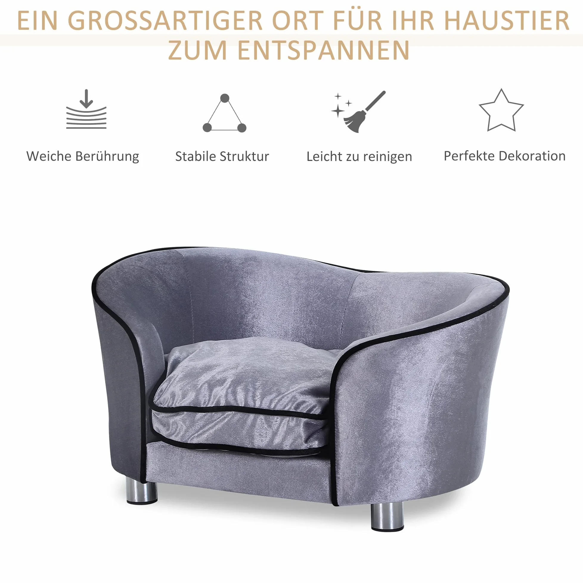 PawHut D04-016, divanetto di lusso per cani e gatti, con cuscino, per riposare, colore grigio.