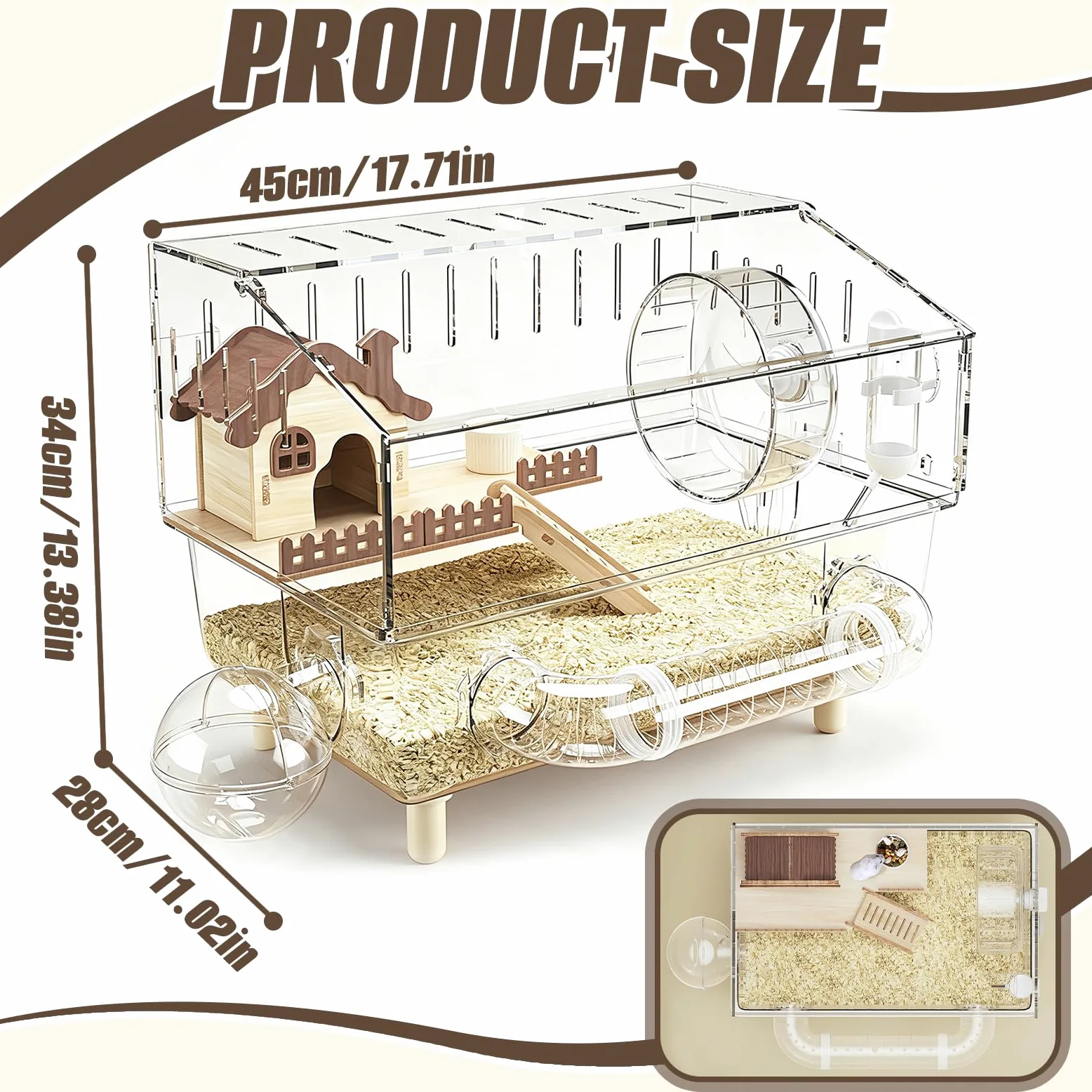 Gabbia per Criceti, 43 x 30 x 34 cm Villa in Acrilico per Criceti a Due Piani con Area di Riposo Ruota per Esercizi Tunnel Bagno Esterno Bollitore e Ciotola per il Cibo per Piccoli Animali