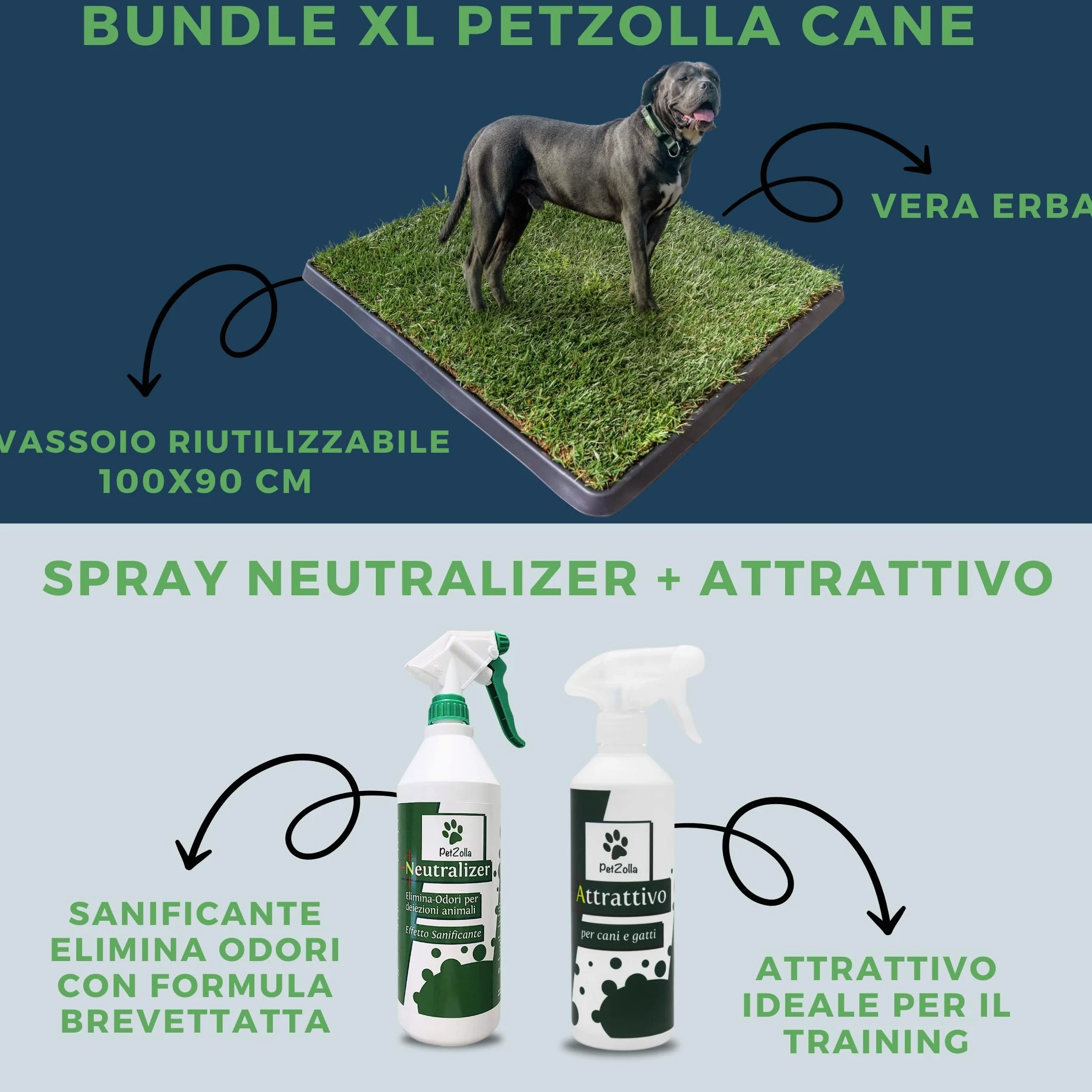 Pack 4 - XL - PetZolla: Prato Vero con Vassoio 100X90 cm, Spray Neutralizzatore e Attrattivo – Cuccia per cane. Lettiera Naturale per Cani. Alternativa Ecologica a Traversine e Tappetini per Pipì