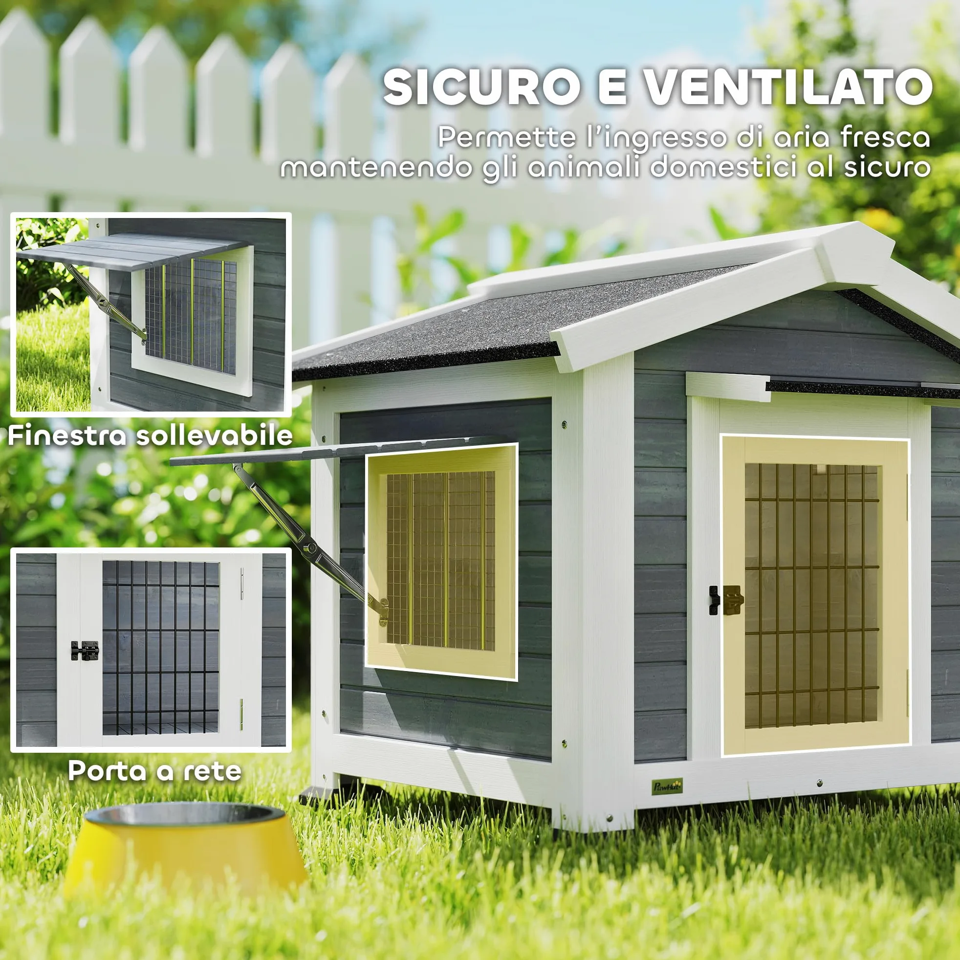 PawHut Cuccia per Cani da Esterno in Legno, Casetta per Cani Rialzato con Tetto Spiovente Impermeabile, Finestra Apribile, Facile Pulizia, Porta Ventilata, per Cani Piccola Media, 98x76x69.5cm