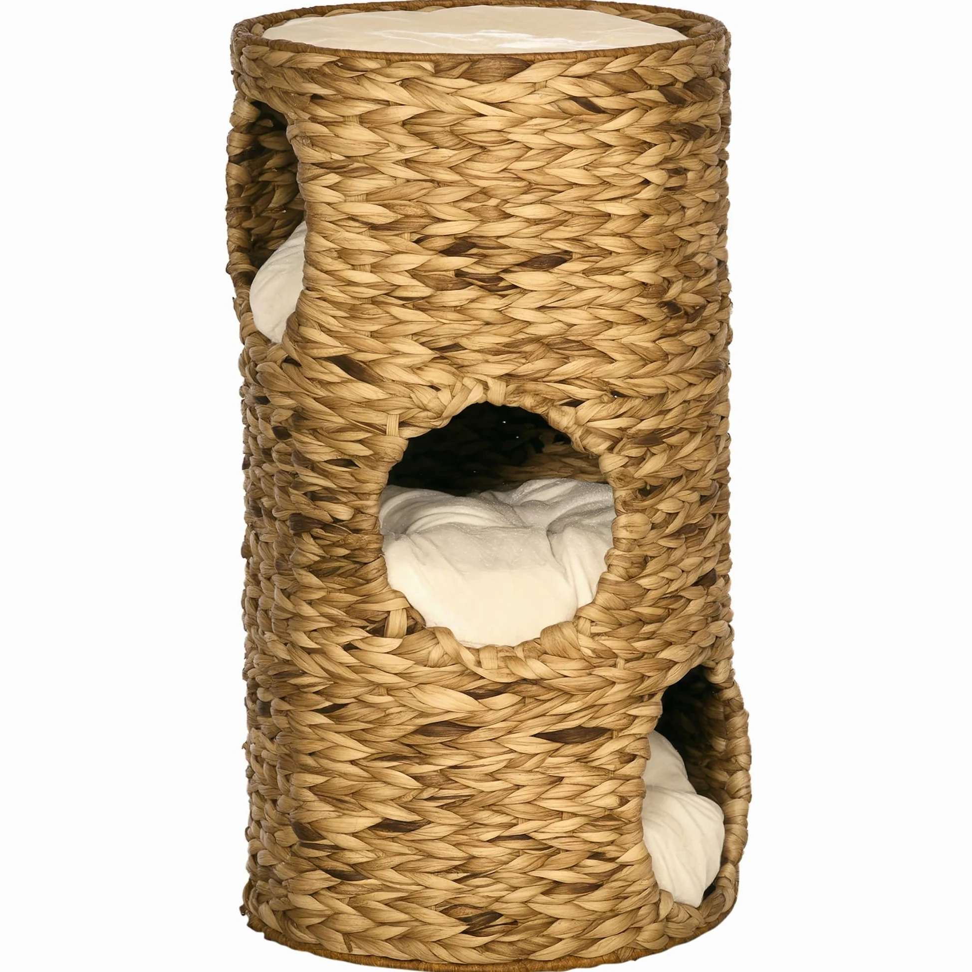 PawHut Tazzone tiragraffi alto 73 cm con 3 grotte, albero tiragraffi con cuscino, torre per gatti in giacinto d'acqua, per gatti fino a 3,5 kg, marrone chiaro