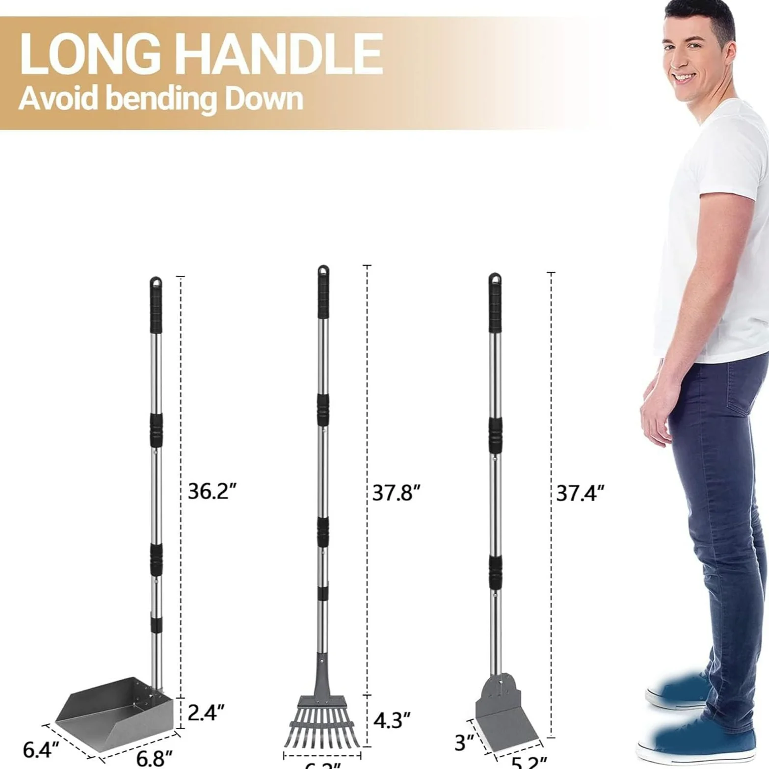 RIZGHWOY Set Paletta per Escrementi, Manico Regolabile da 37 Pollici, Acciaio Inossidabile (Black) | Antiruggine, montaggio in 1 minuto, vassoio lavabile con risciacquo, pieghevole, con rastrello e vanga, meno sacchetti, per