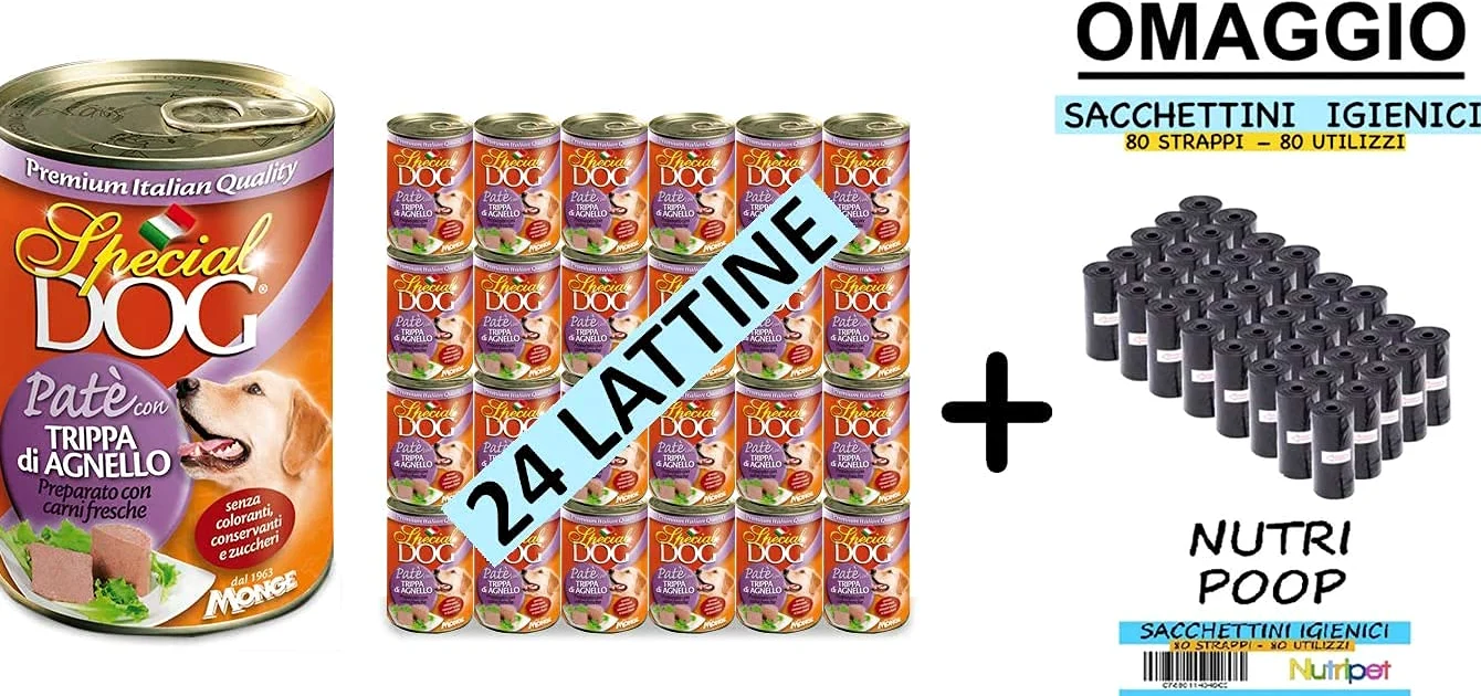 24 Lattine Special Dog Monge 400g Patè Gusti Vari con 80 Strappi NutriPoop Omaggio (Trippa di Agnello)