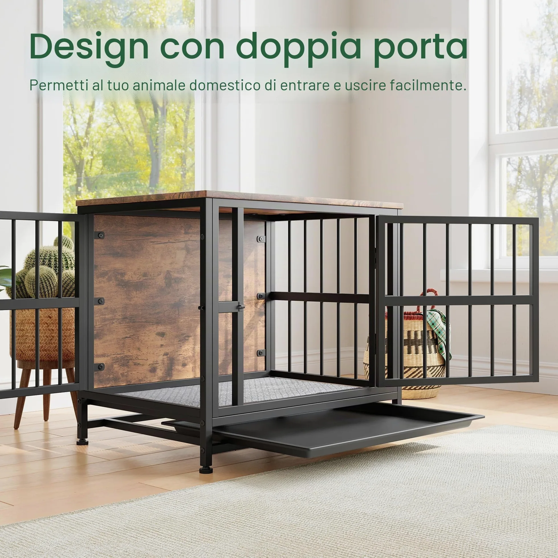 Gabbia per cani in legno robusto con 2 porte, vassoio rimovibile, tavolino resistente alla masticazione, marrone rustico 70 cm