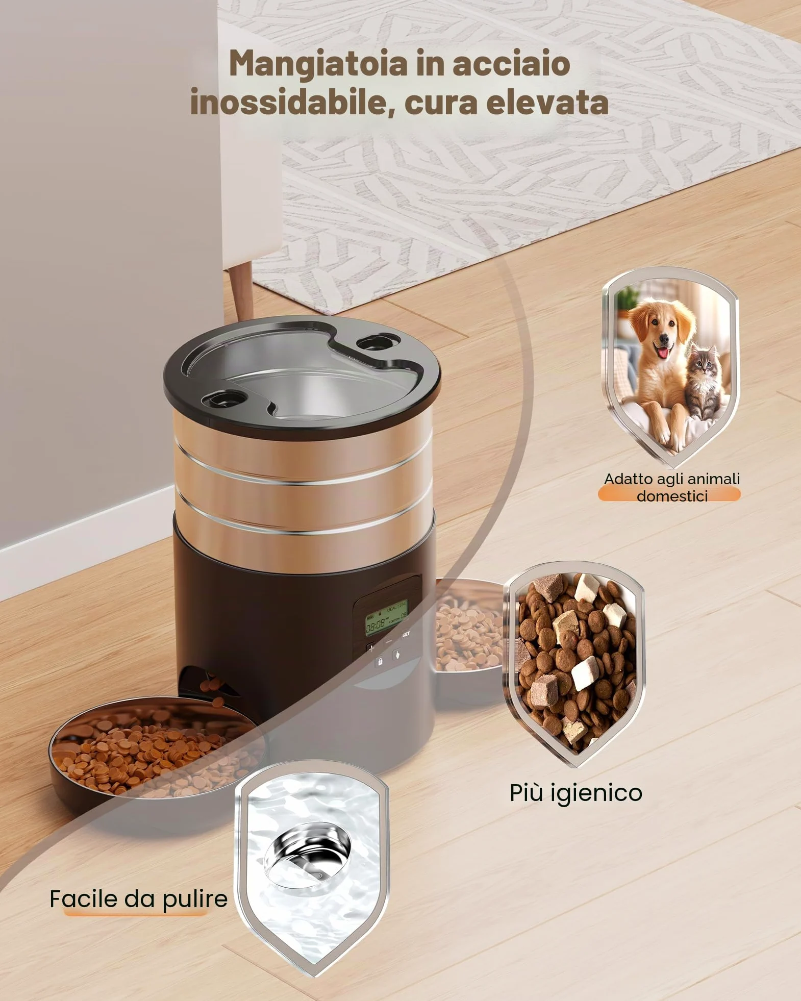 Distributore Automatico Cibo Gatti Doppio: Dispenser Crocchette Gatto Acciai Inossidabili - Erogatore Cibo Cani con Timer Programmabile - 5L Dosatore Crocchette - Mangiatoia Automatica con 2 Ciotola