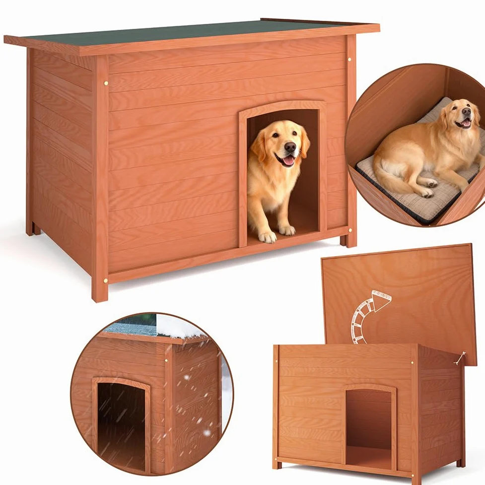 BAKAJI Cuccia per Animali Domestici in Legno, Casetta per Cani e Gatti con Tetto Apribile, Casa da Esterno ed Interno Resistente Intemperie e Agenti Atmosferici con Tettoia Asfaltata, 116 x 79 x 81 cm
