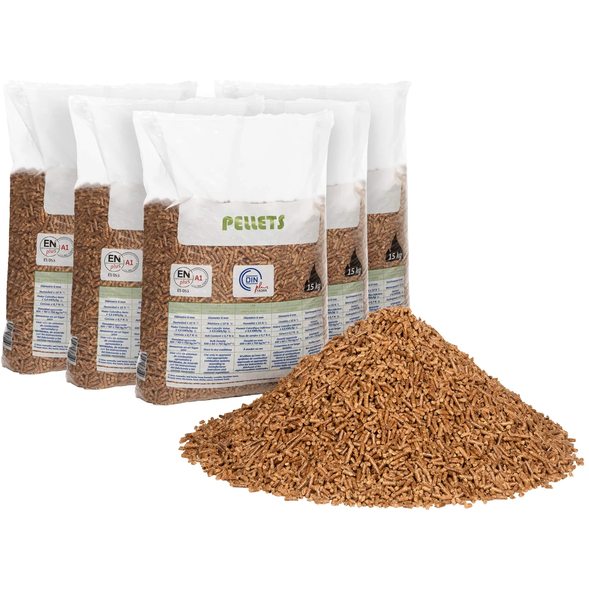 Pellet per stufa 15 kg x 5 sacchi, in legno riciclato e biomassa per letto di conigli, gatti e altri animali domestici