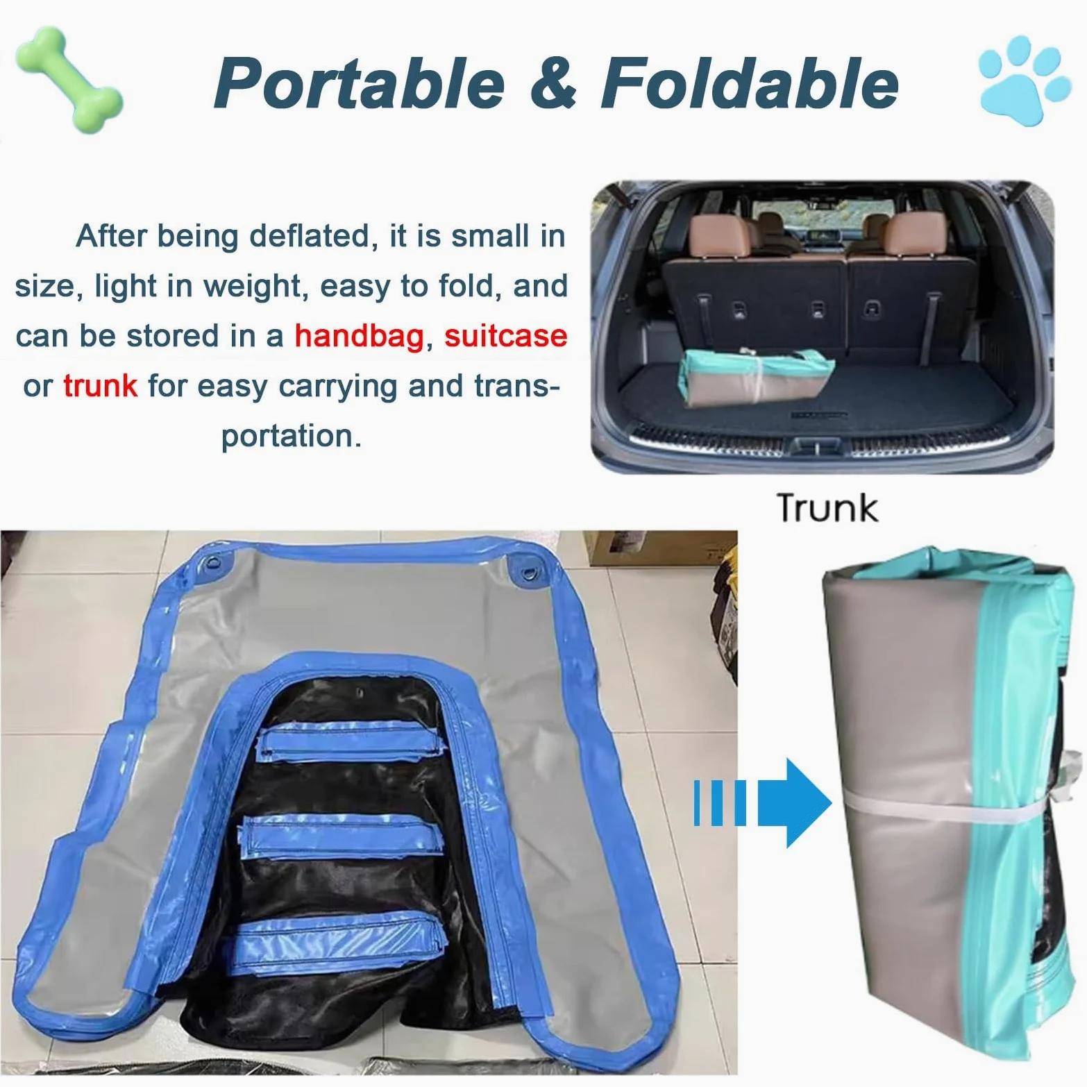 Rampa gonfiabile per cani, pieghevole e portatile, soluzione di accesso all'acqua per animali domestici, include pompa, corda e kit di riparazione per una facile uscita dalla piscina o dal molo