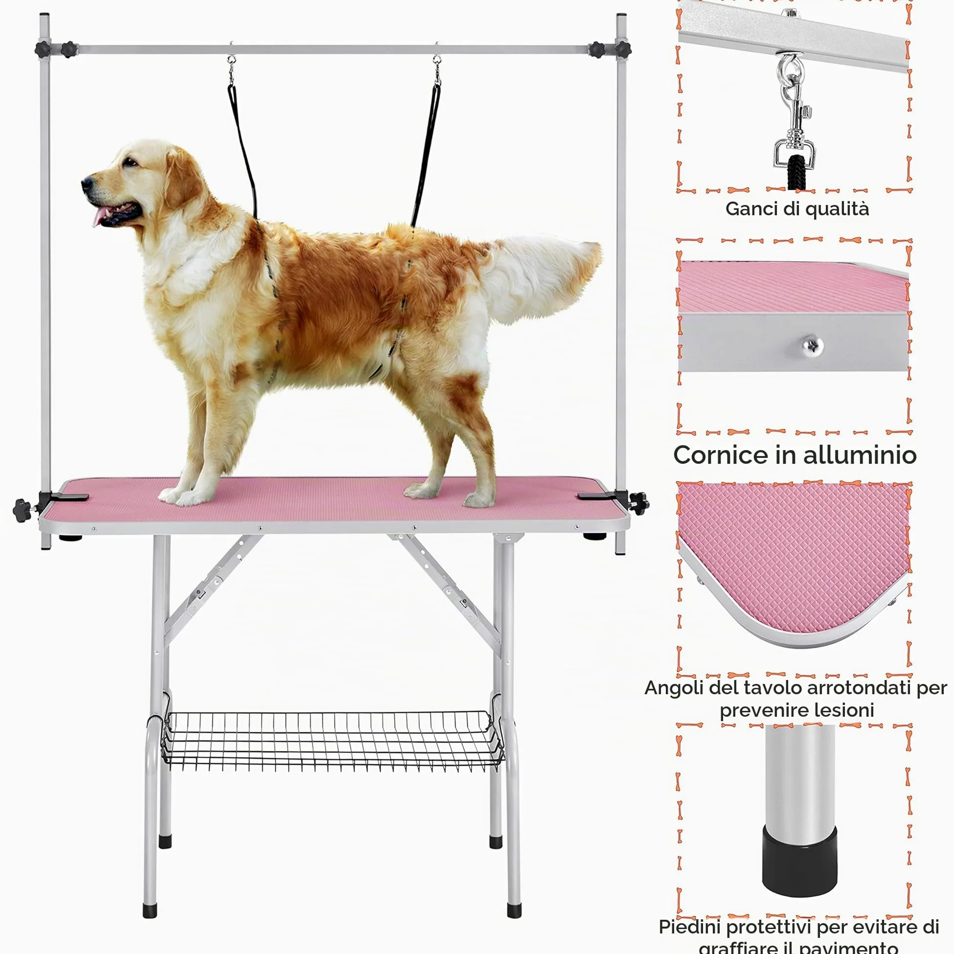 Yaheetech Tavolo da Toelettatura Cani Tosatura per Cani Gatti Animali Pieghevole Rosa 118 x 61 x 177 cm