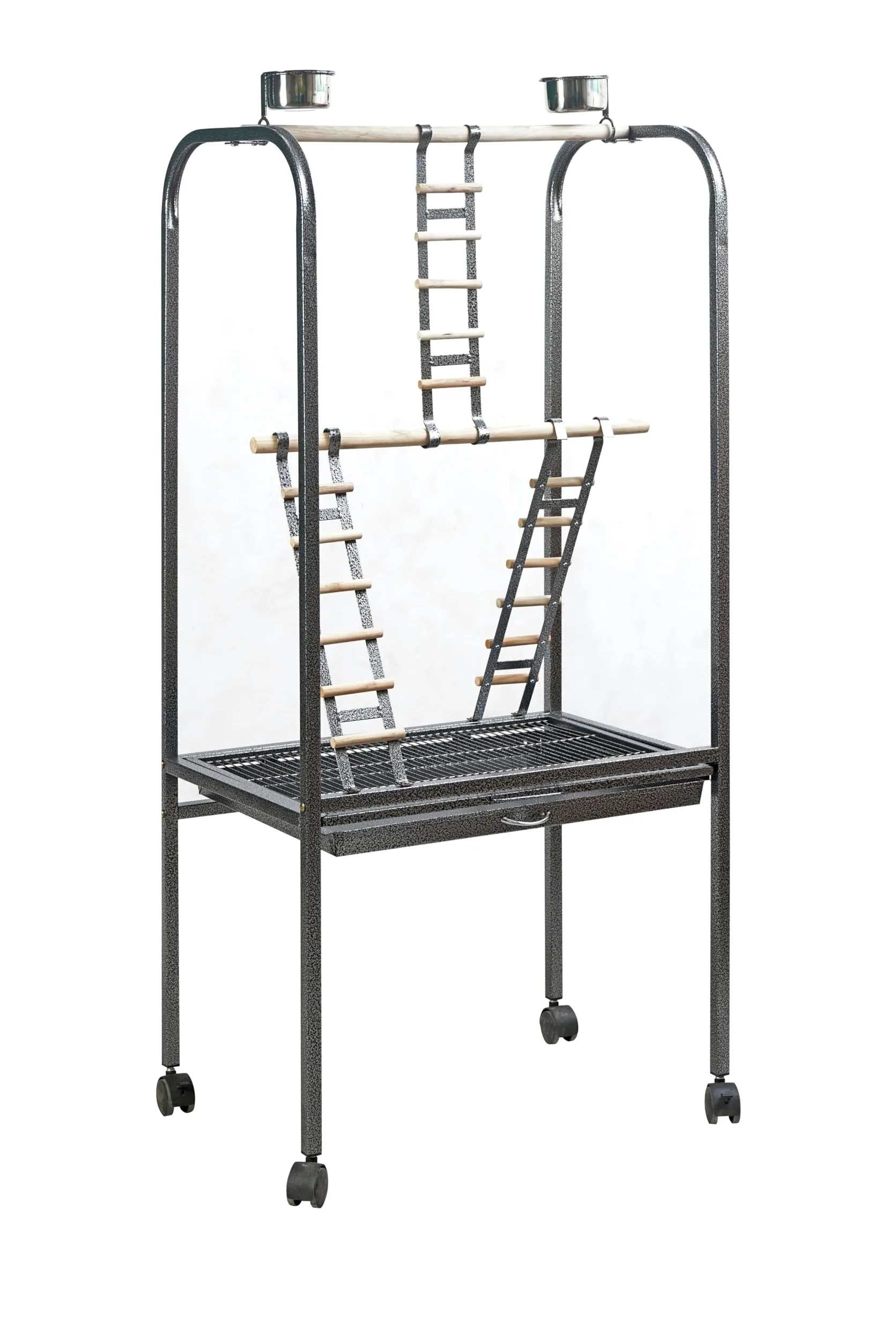 Pet's Solution - Trespolo per Pappagalli Grande e Stabile, Area Gioco con Scale, Posatoi, Mangiatoie in Acciaio, Griglia e Vassoio Estraibile, 4 Ruote, Color Nero Martellato – 64,5x44,5x154h cm
