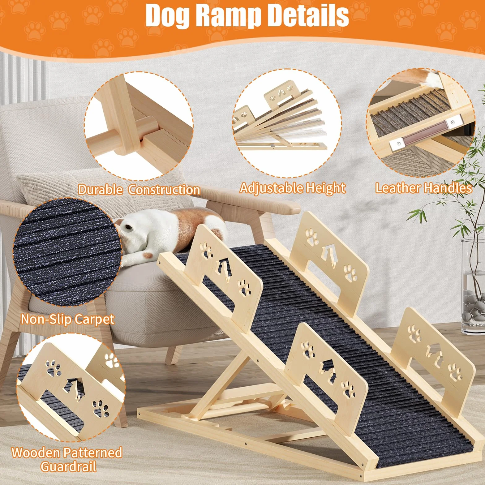 Rampa per cani, letto lungo 100 cm, con ringhiera di sicurezza, scala per cani in legno, regolabile in altezza, con rampa antiscivolo, per letto, divano, auto, viaggi, piccoli, grandi e anziani