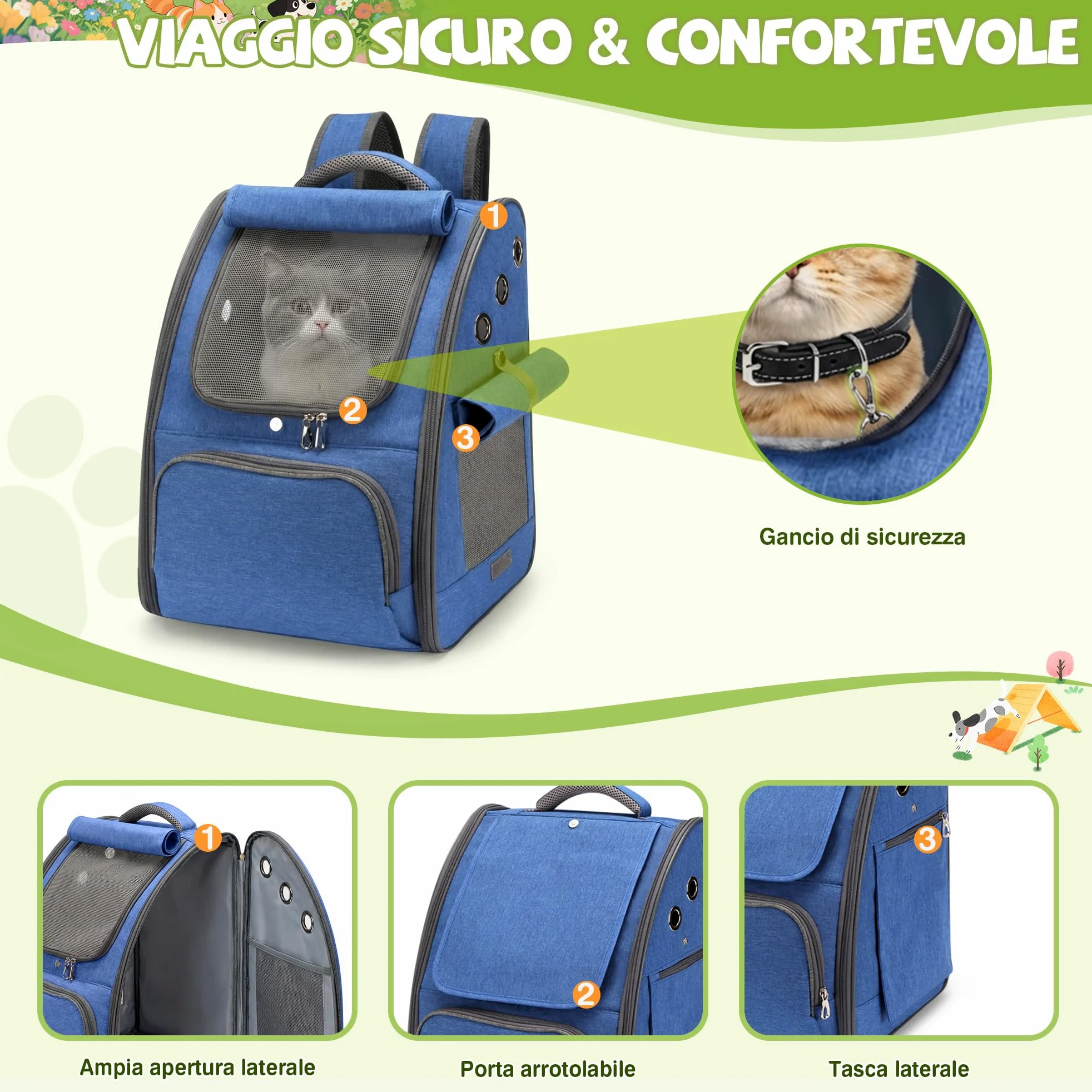 ALLSOPETS Zaino per Cani, Trasportino Gatto Zaino Pieghevole e Traspirante per Cani e Gatti con Tendine Parasole Ideale per Viaggi Escursioni e Campeggio (Blu Reale)