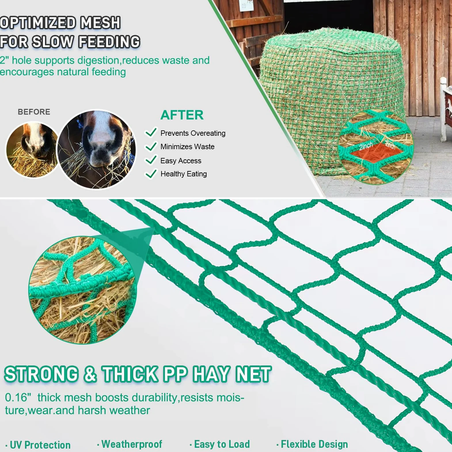 Rete per fieno con balle rotonde, diametro 180 x altezza 180 cm, rete per mangimi a maglia stretta, 4,5 cm, stabile rete per cavalli, lunga durata per prolungare il tempo di mangiare (rotondo)