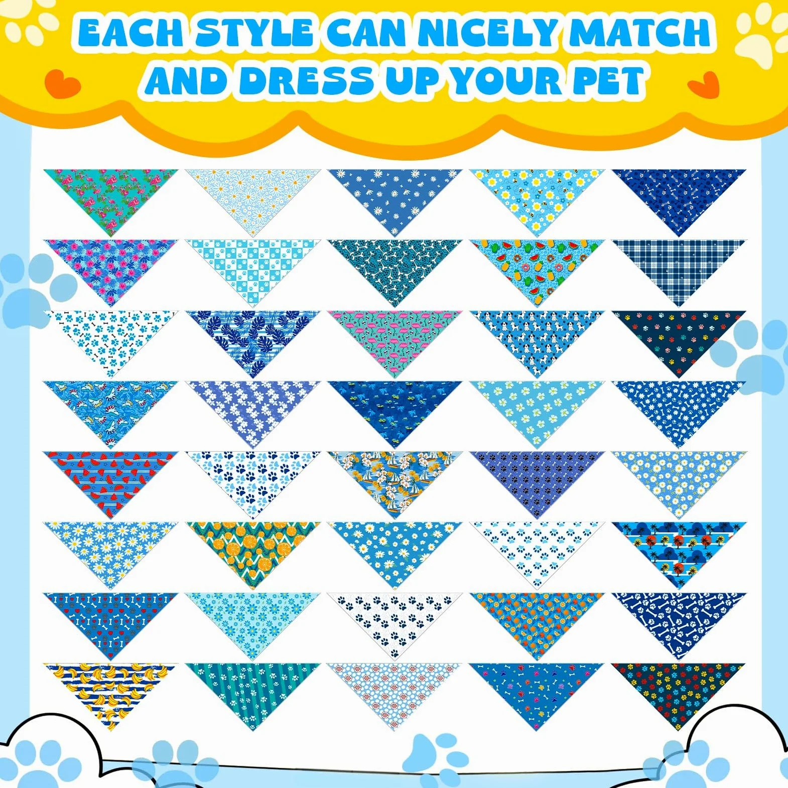 Sanwuta 120 bandane per cani con stampa di zampa blu, bandane per cani, triangolo, fazzoletto, bavaglino, set per costumi per animali domestici, accessori quotidiani