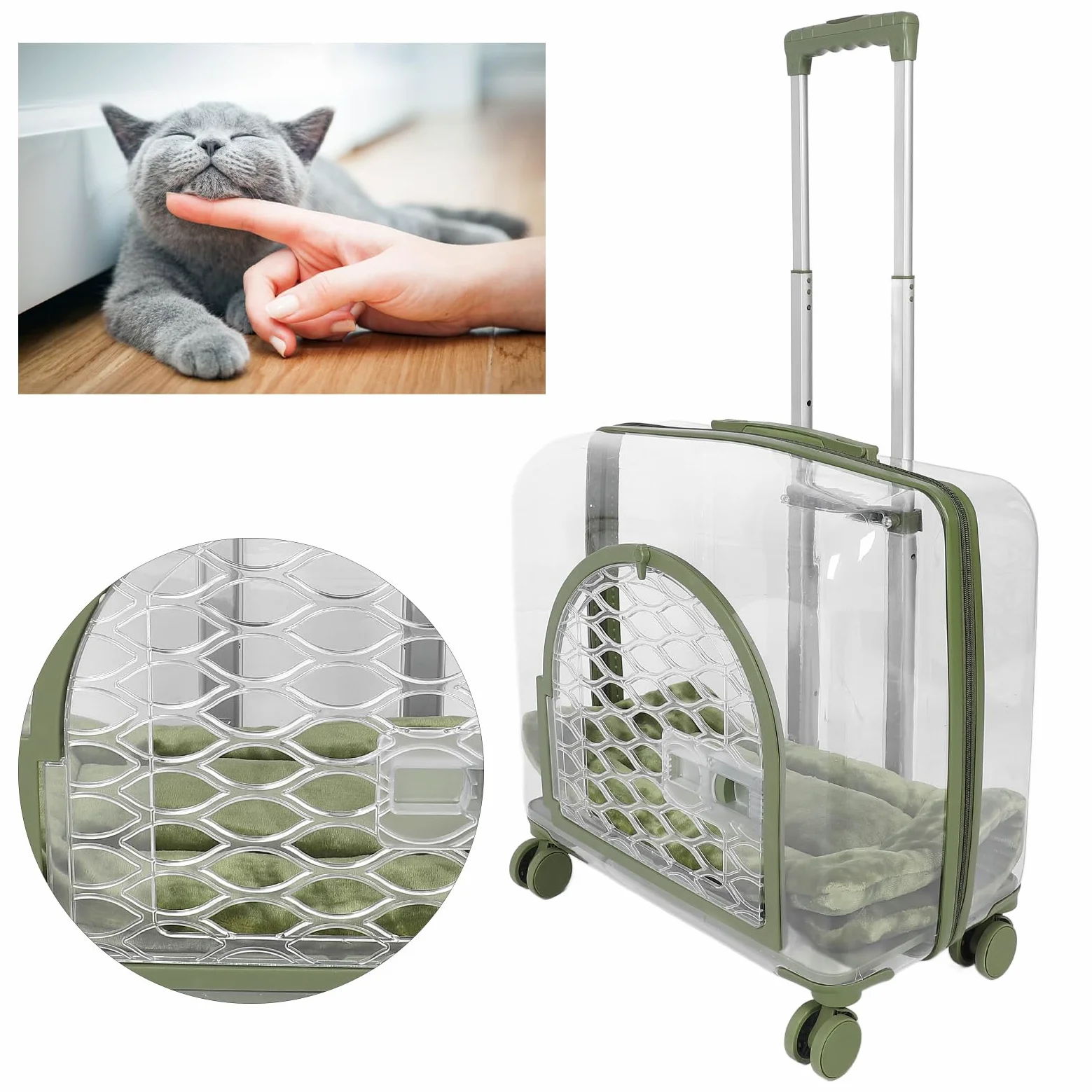 Trasportino Trasparente per Gatti, Trolley Trasparente Traspirante per Animali Domestici Con Manico Telescopico, Ruote E Coperta Bagaglio Rigido Portatile per Gatti per Cani