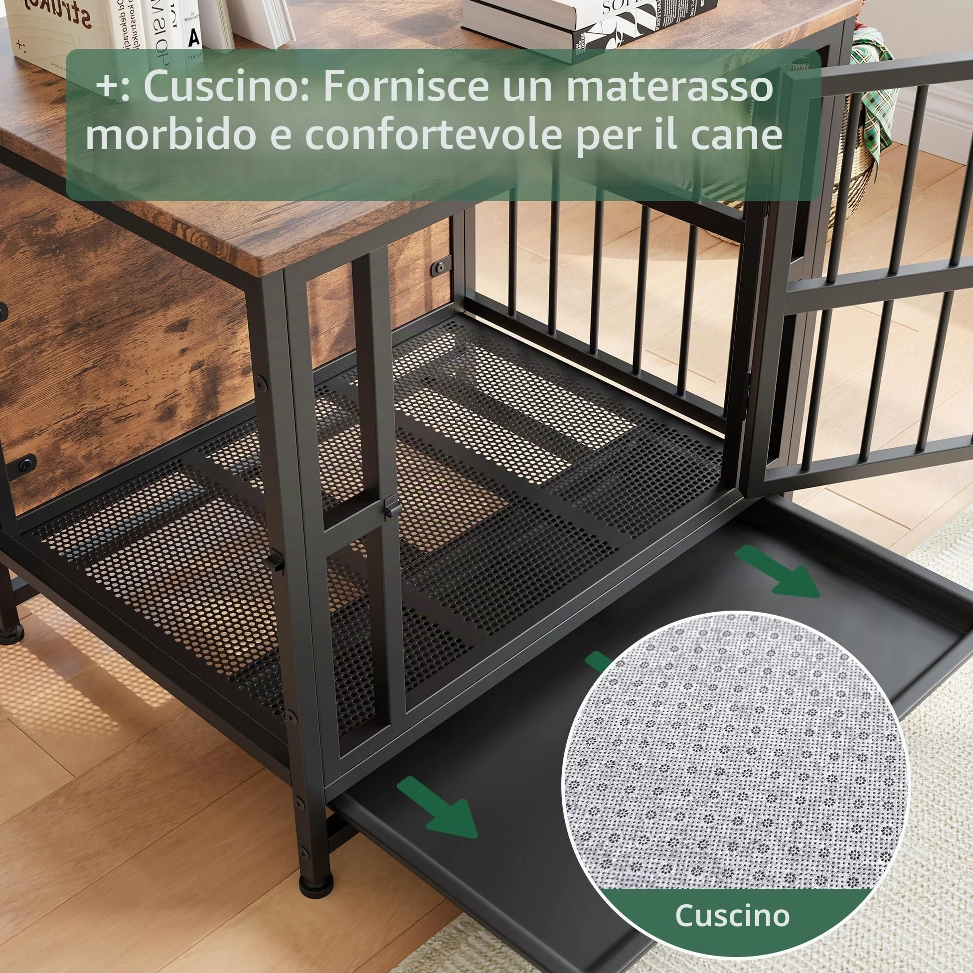 Gabbia per cani in legno robusto con 2 porte, vassoio rimovibile, tavolino resistente alla masticazione, marrone rustico 70 cm