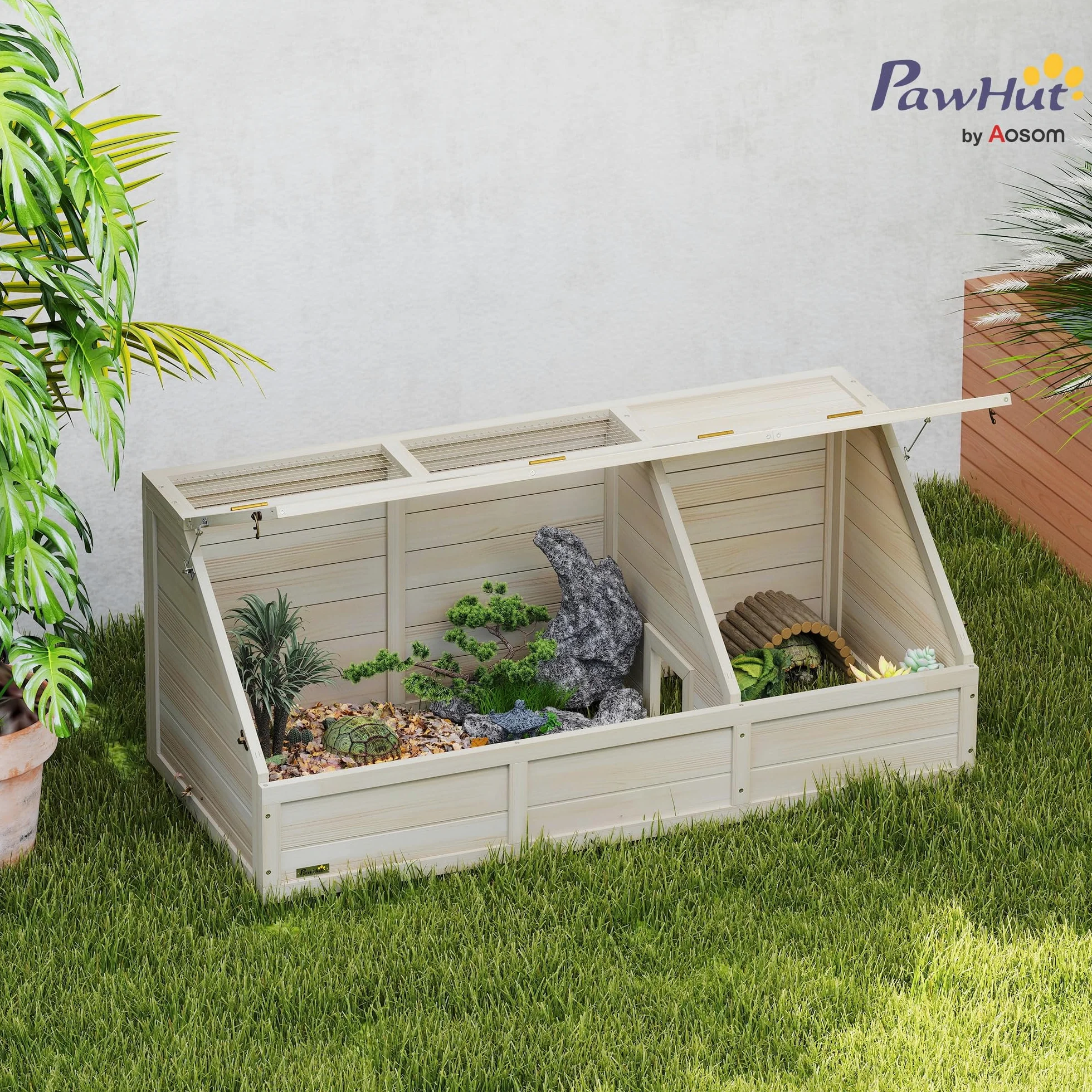 PawHut Casa in Legno per Tartarughe, recinto esterno per piccoli animali con coperchio apribile, fermi e 2 spazi separati, senza fondo, 120 x 55 x 50 cm, legno naturale